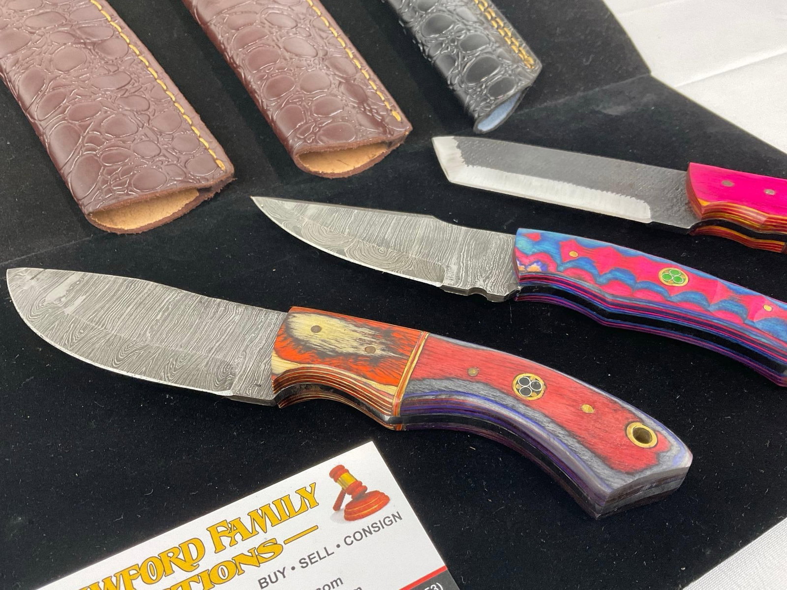 3 Handmade Knives, w/Tinted Wood Handles, & Leather Sheaths, 2 Damascus & 1 File Blades - 2