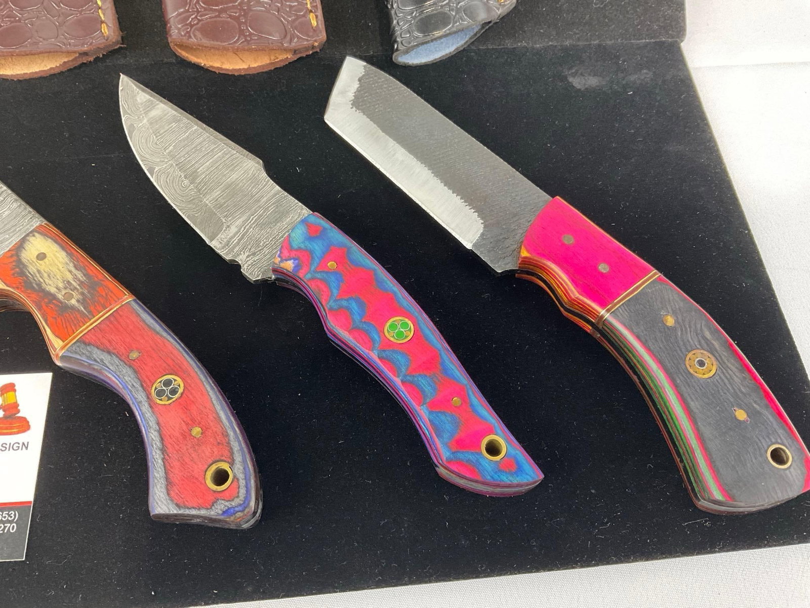 3 Handmade Knives, w/Tinted Wood Handles, & Leather Sheaths, 2 Damascus & 1 File Blades - 3