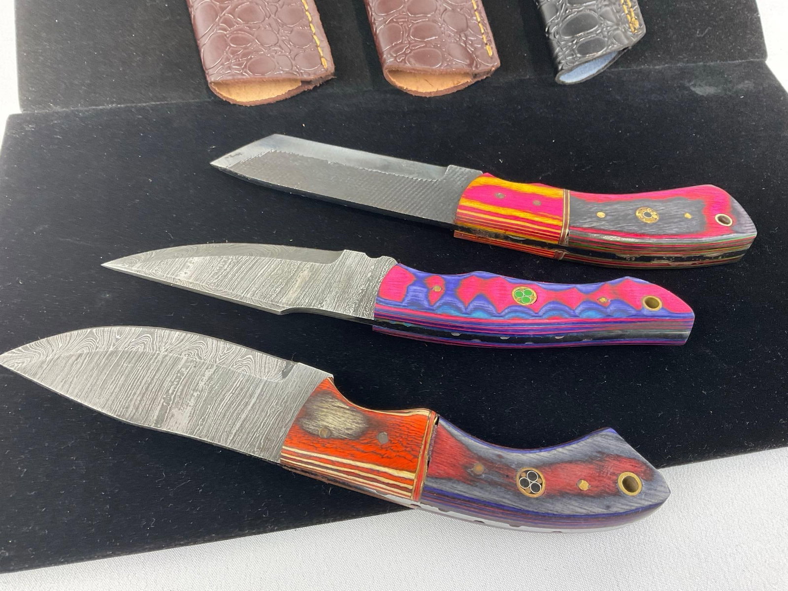 3 Handmade Knives, w/Tinted Wood Handles, & Leather Sheaths, 2 Damascus & 1 File Blades - 4