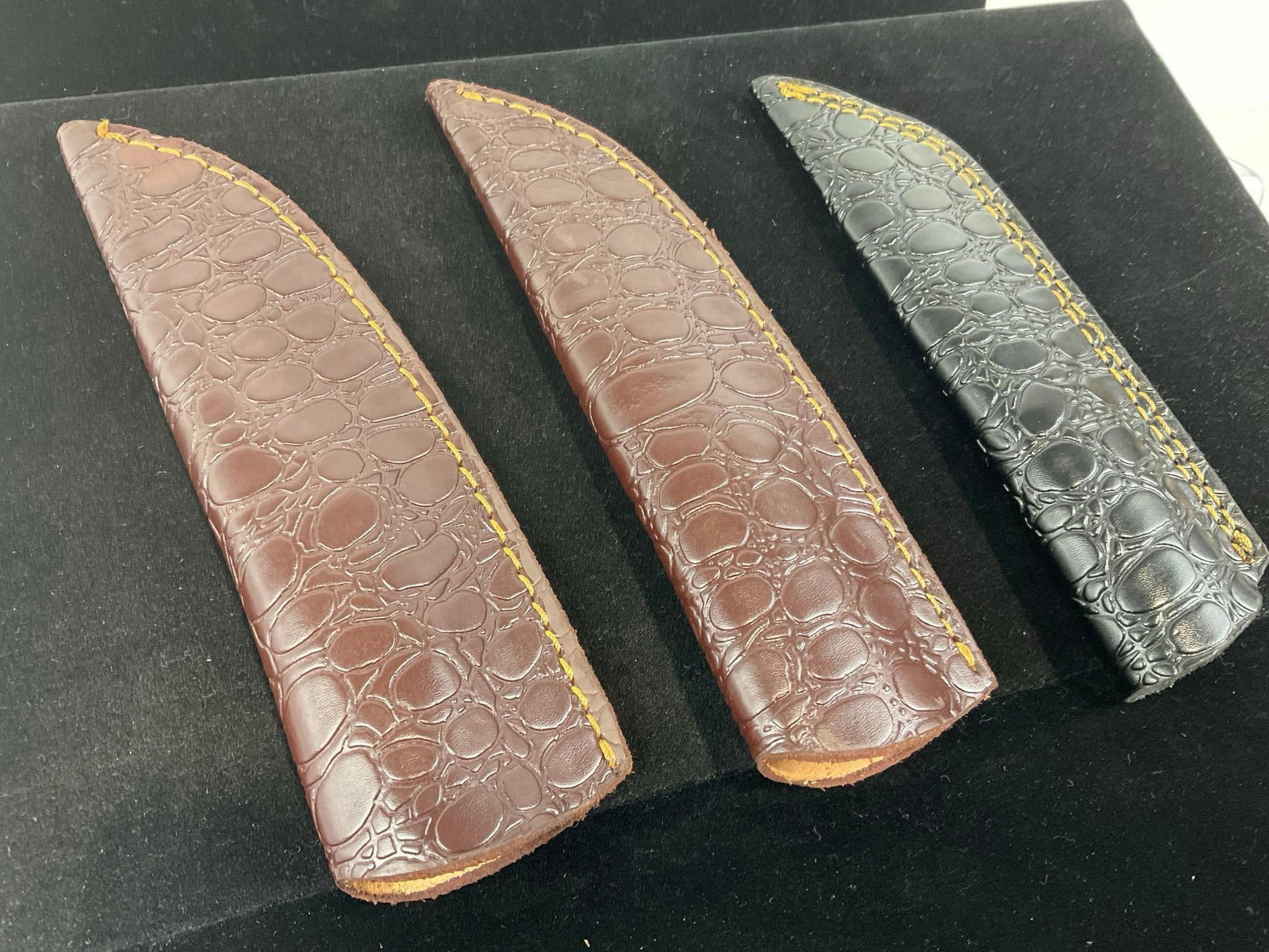 3 Handmade Knives, w/Tinted Wood Handles, & Leather Sheaths, 2 Damascus & 1 File Blades - 5