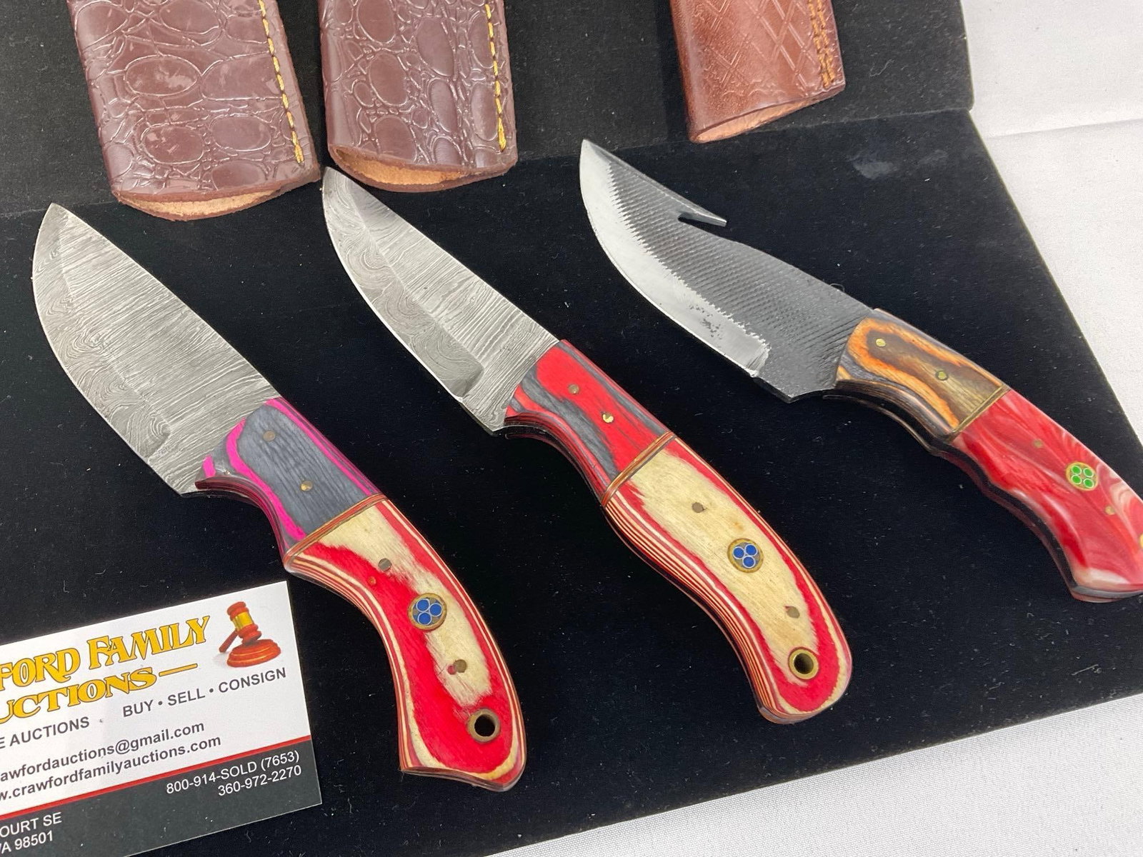 3 Handmade Knives, 2 Damascus & 1 File Blades Custom Red/White Tinted Wood Handles & Leather Shea... - 2