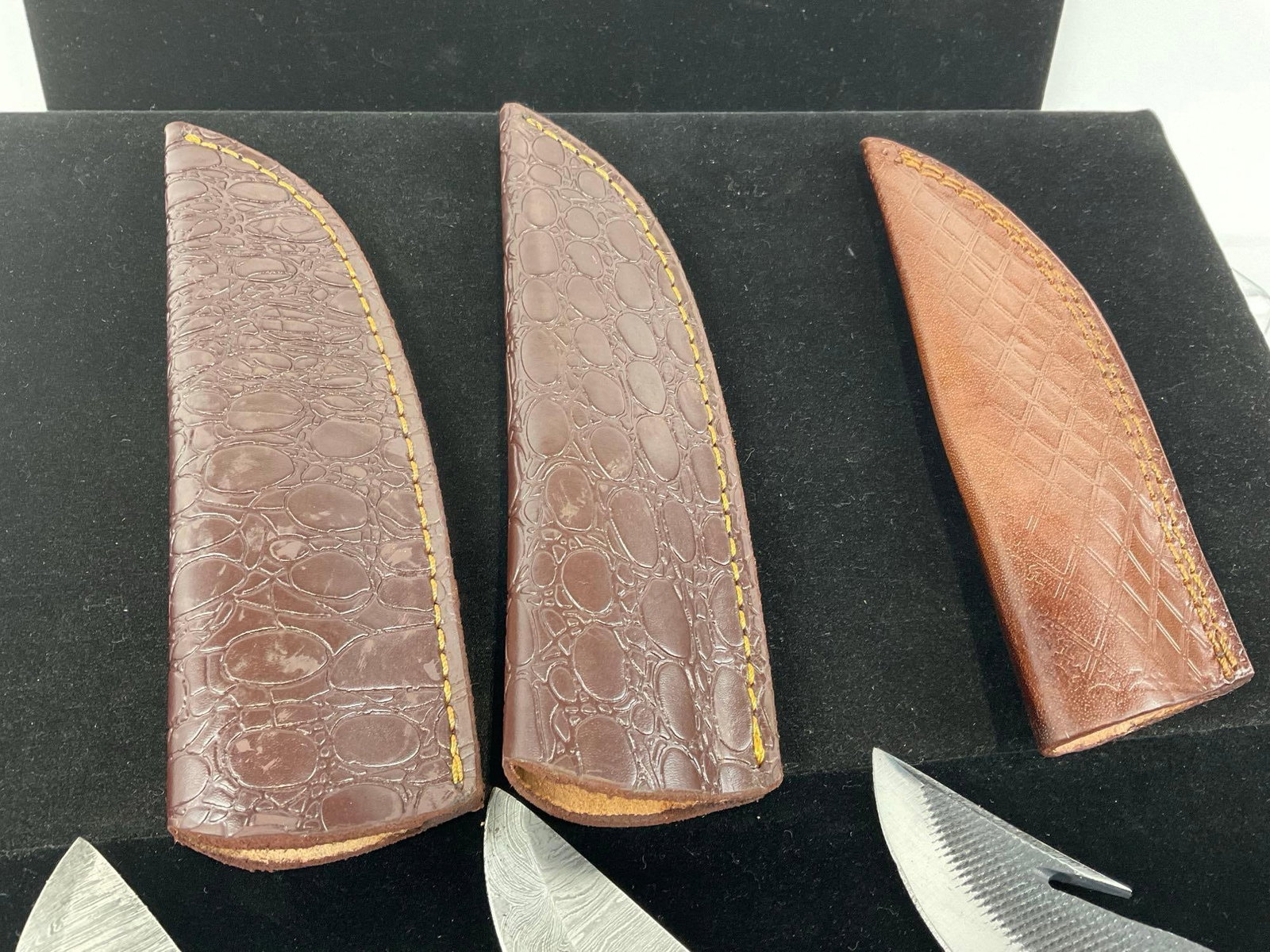 3 Handmade Knives, 2 Damascus & 1 File Blades Custom Red/White Tinted Wood Handles & Leather Shea... - 3