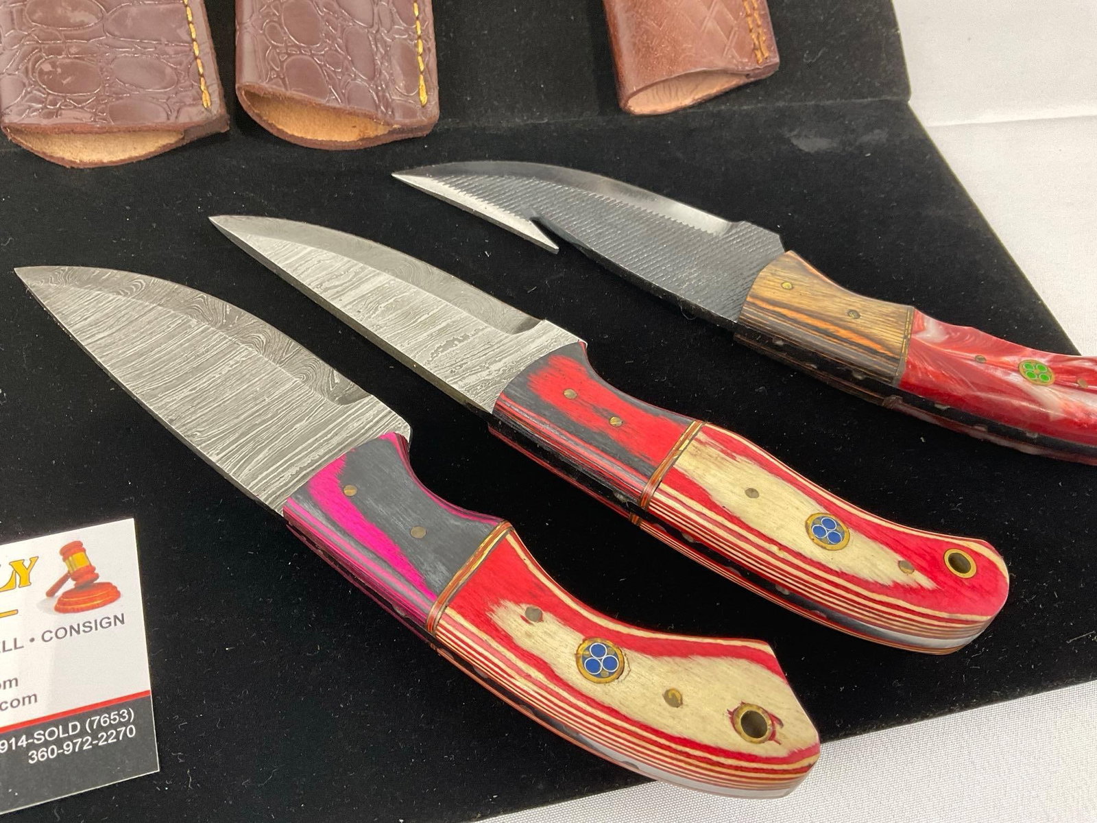 3 Handmade Knives, 2 Damascus & 1 File Blades Custom Red/White Tinted Wood Handles & Leather Shea... - 4