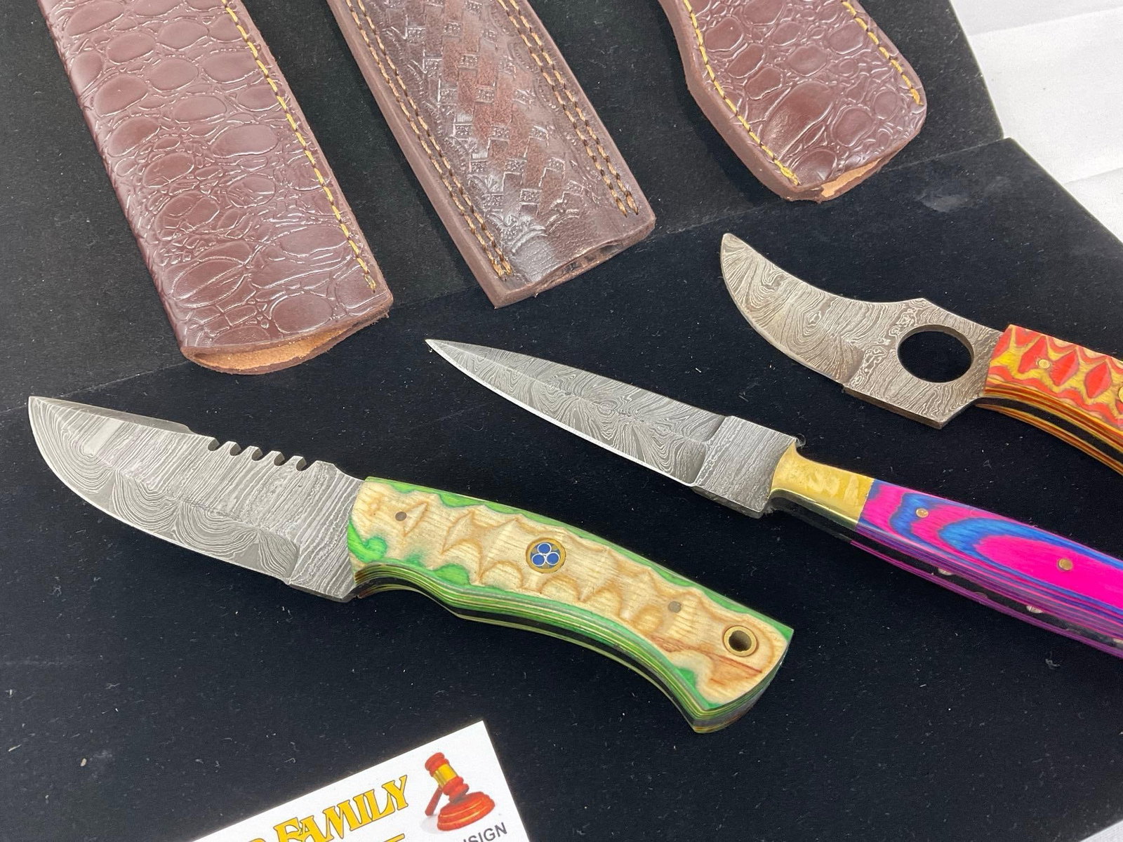 3 Handmade Knives, Custom Tinted Wooden Handles & Leather Sheaths, dagger & Skeleton style - 2