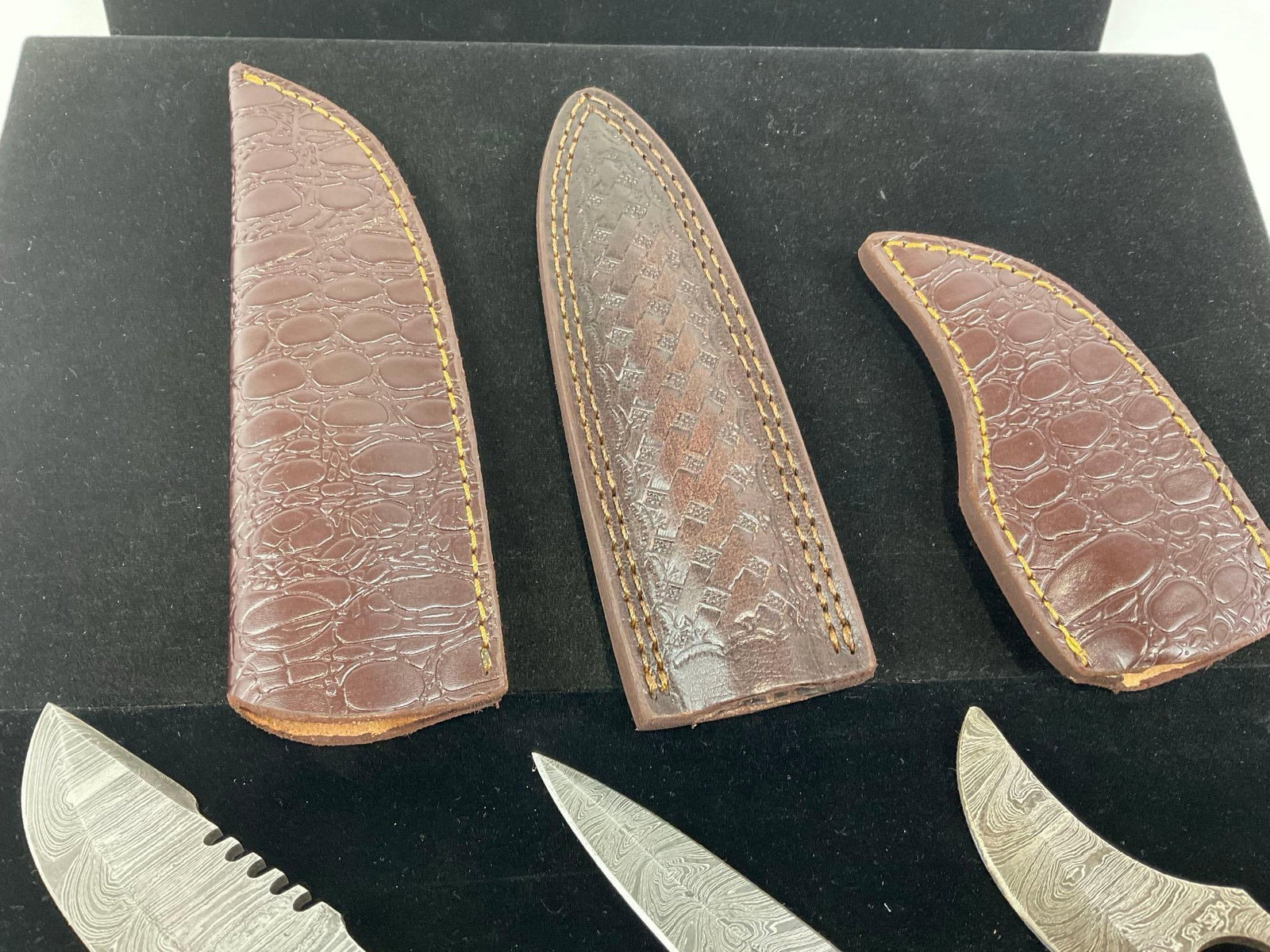 3 Handmade Knives, Custom Tinted Wooden Handles & Leather Sheaths, dagger & Skeleton style - 3