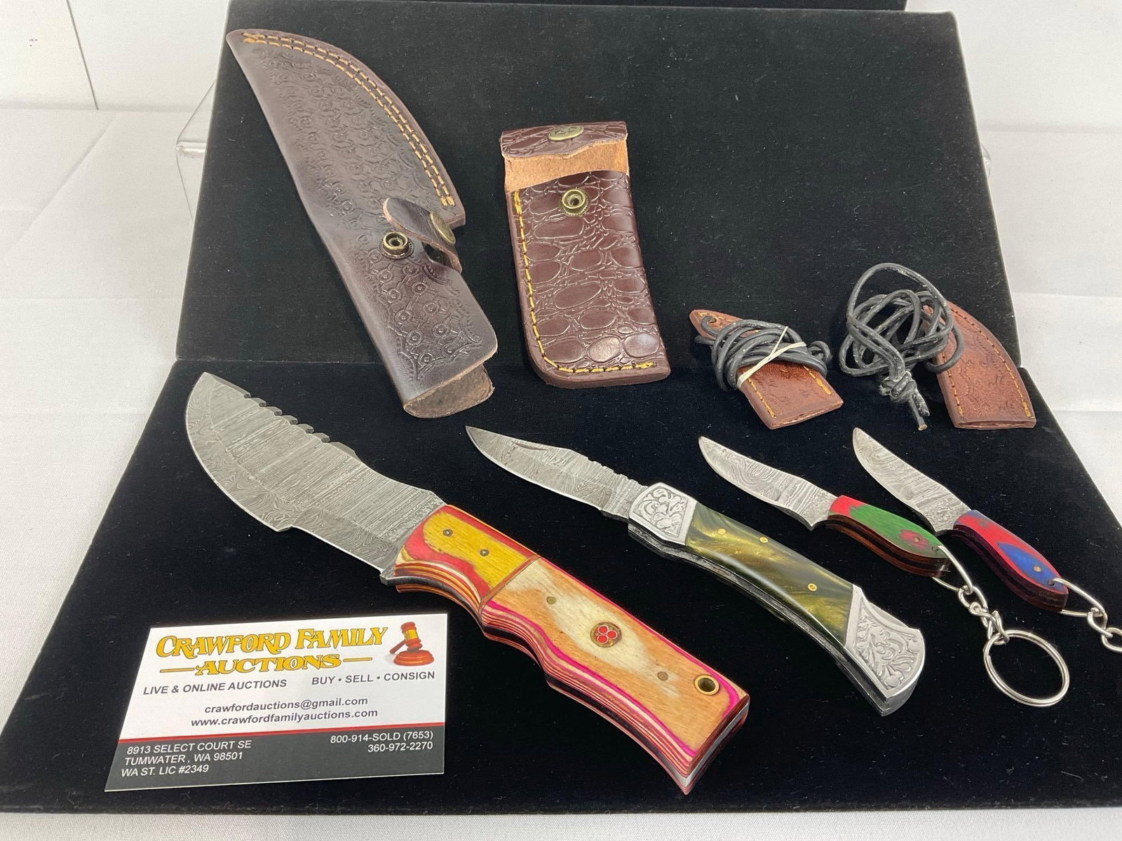 4 Handmade Knives, 1 Large piece, 1 folding, 2 tiny keychain pieces, custom handles & sheaths (1 of 4)