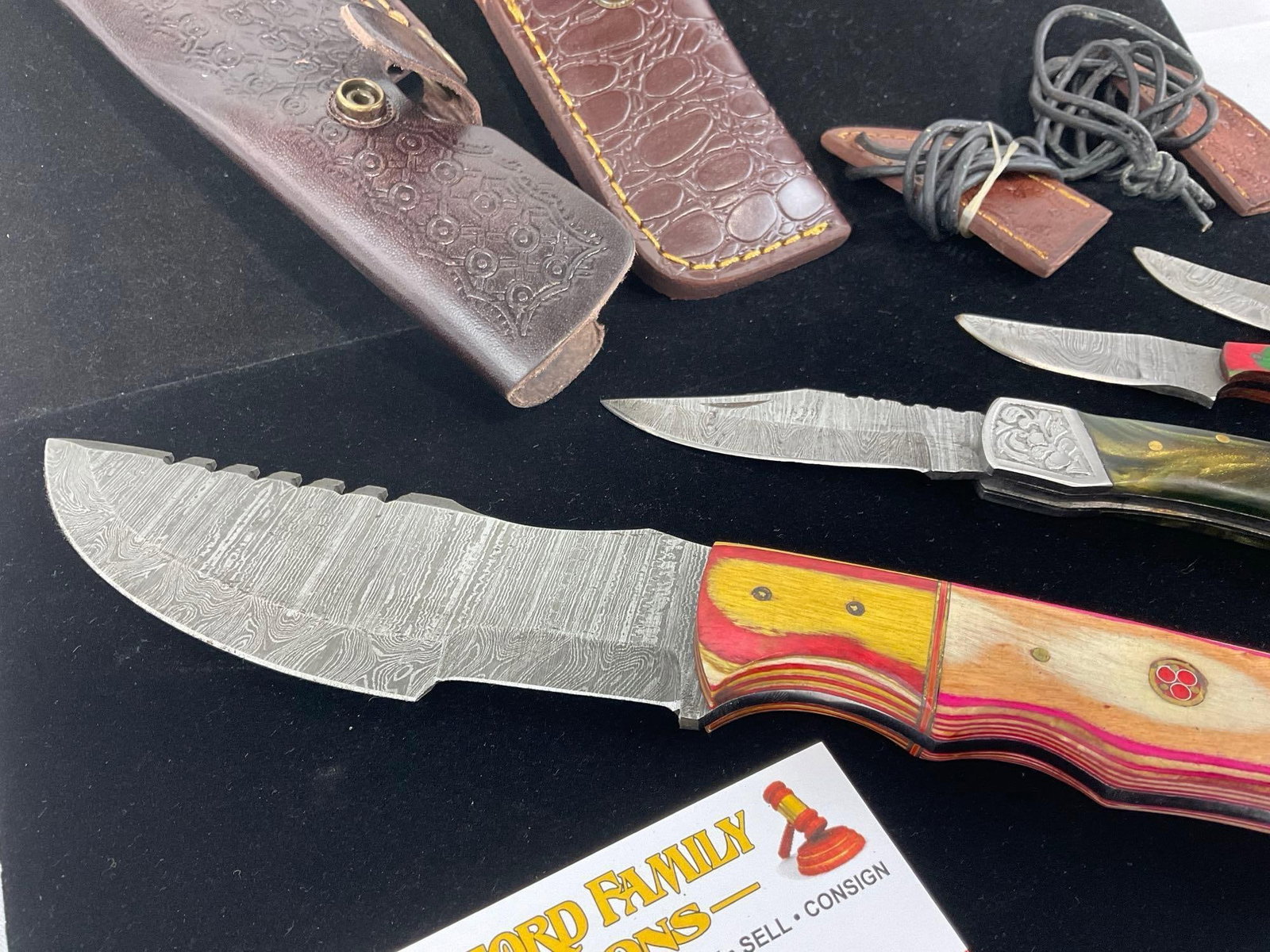 4 Handmade Knives, 1 Large piece, 1 folding, 2 tiny keychain pieces, custom handles & sheaths - 2