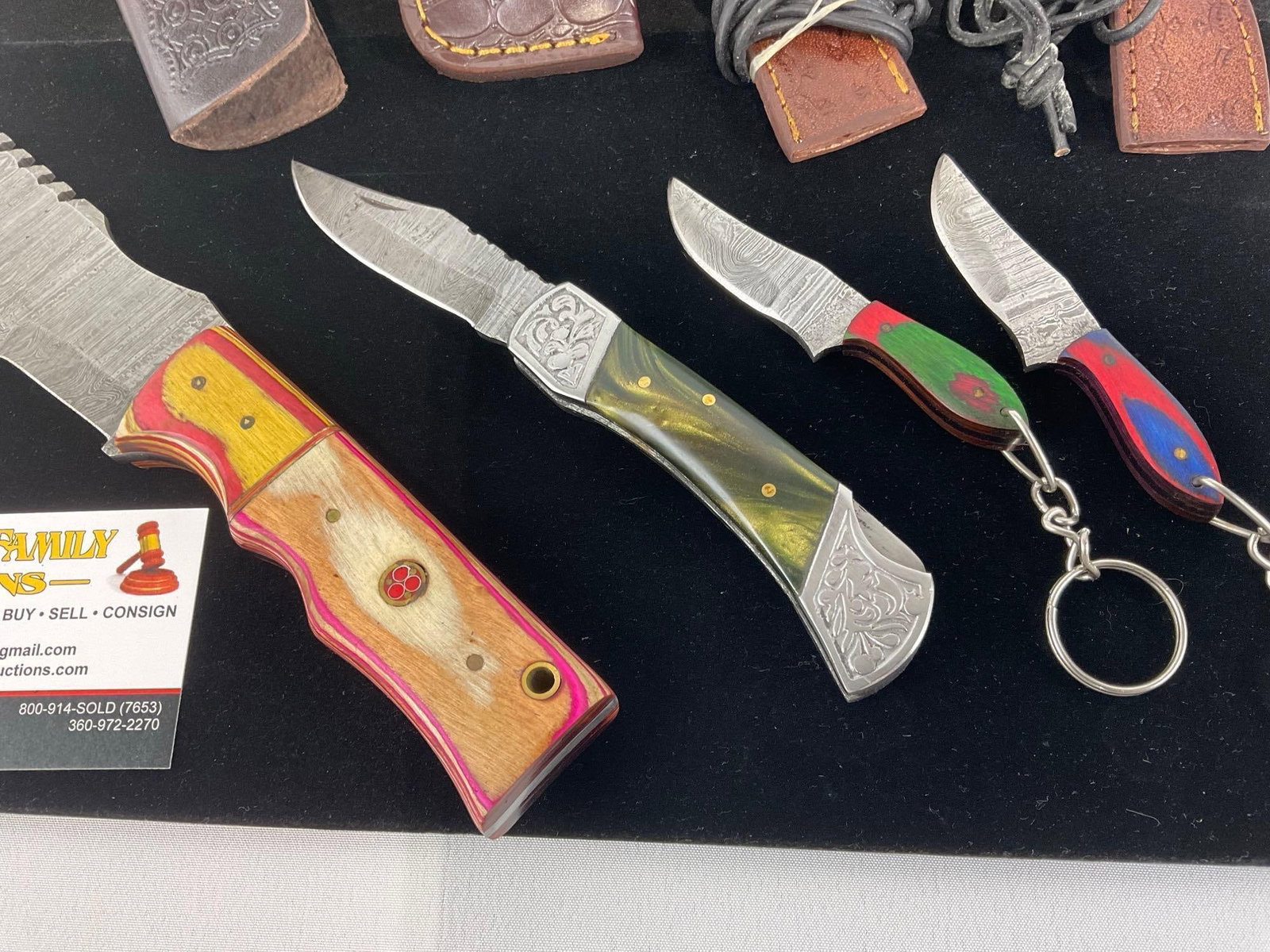 4 Handmade Knives, 1 Large piece, 1 folding, 2 tiny keychain pieces, custom handles & sheaths - 3