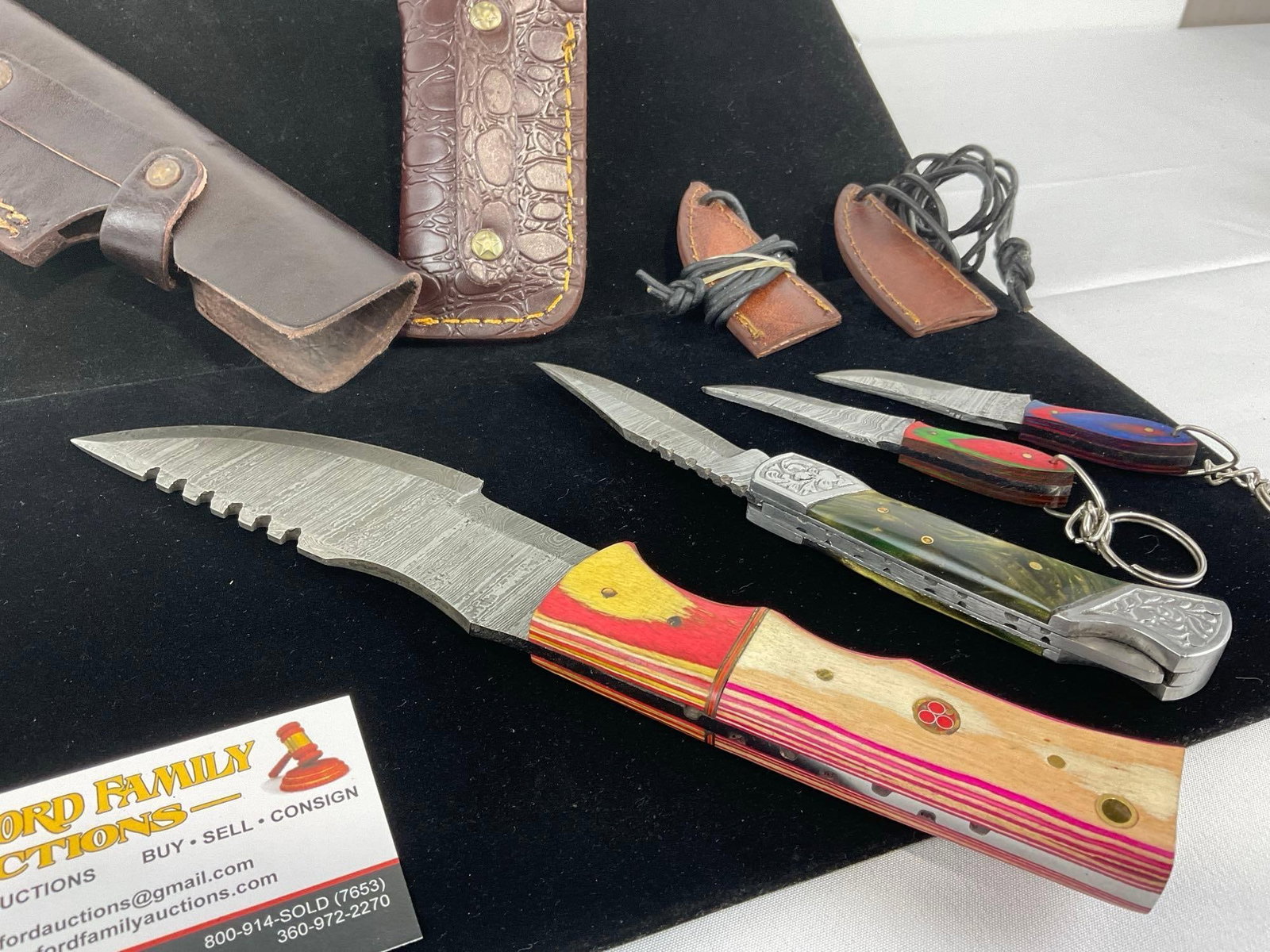 4 Handmade Knives, 1 Large piece, 1 folding, 2 tiny keychain pieces, custom handles & sheaths - 4