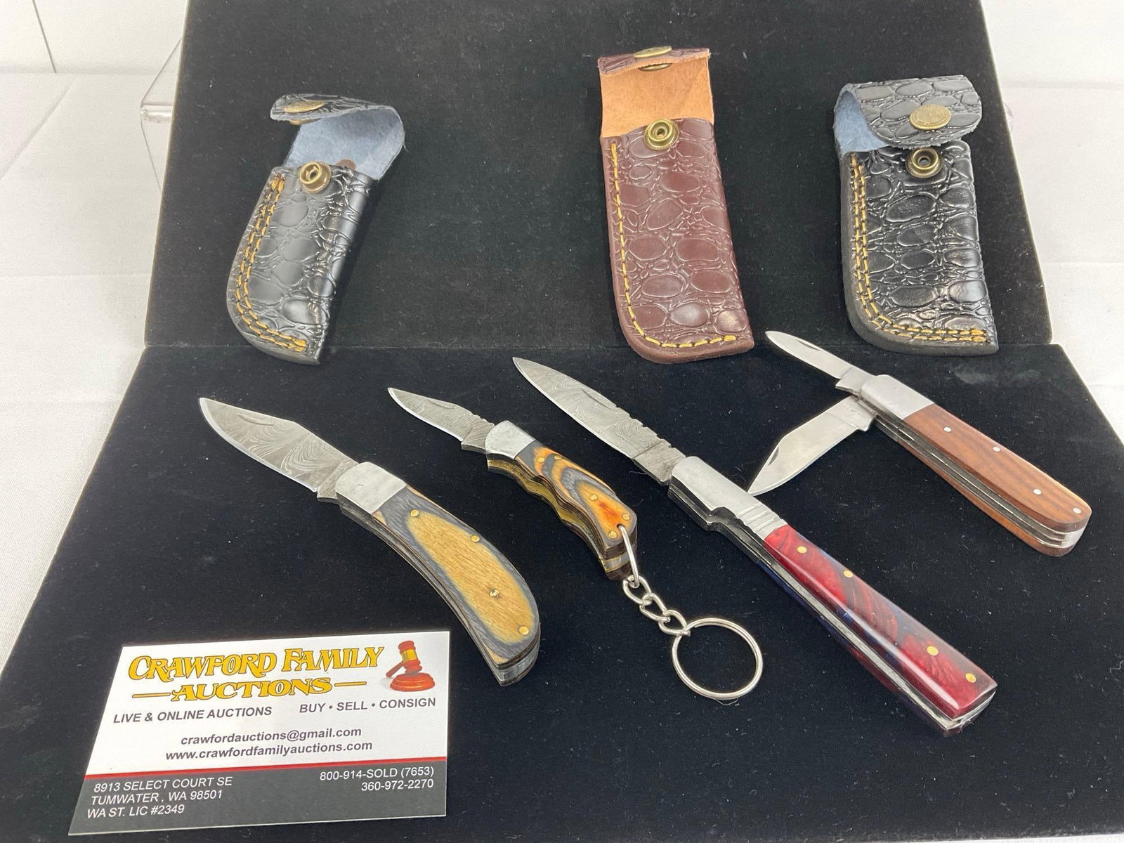 4 Folding Handmade Knives, Custom Handles, Tinted Wood, 3 w/Custom Leather Sheaths (1 of 5)