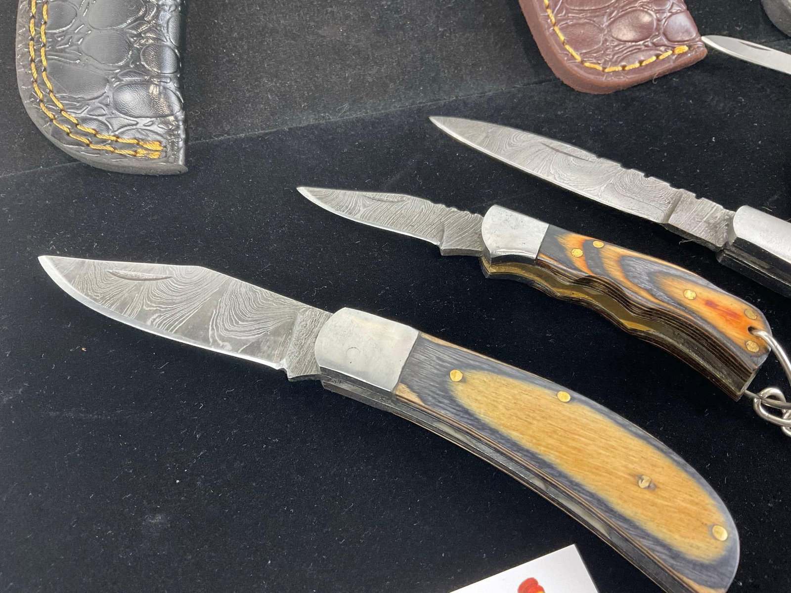 4 Folding Handmade Knives, Custom Handles, Tinted Wood, 3 w/Custom Leather Sheaths - 2