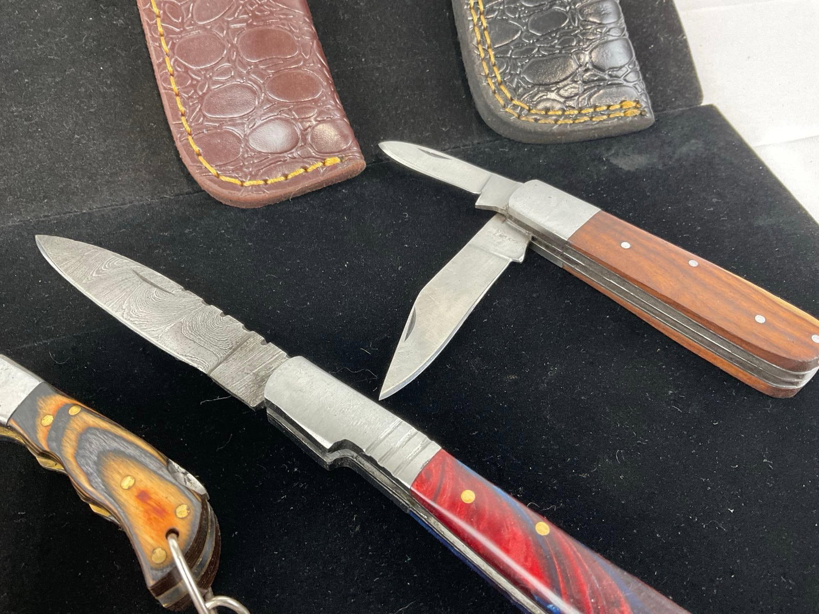 4 Folding Handmade Knives, Custom Handles, Tinted Wood, 3 w/Custom Leather Sheaths - 3