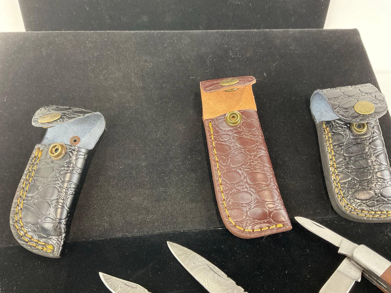 4 Folding Handmade Knives, Custom Handles, Tinted Wood, 3 w/Custom Leather Sheaths - 4