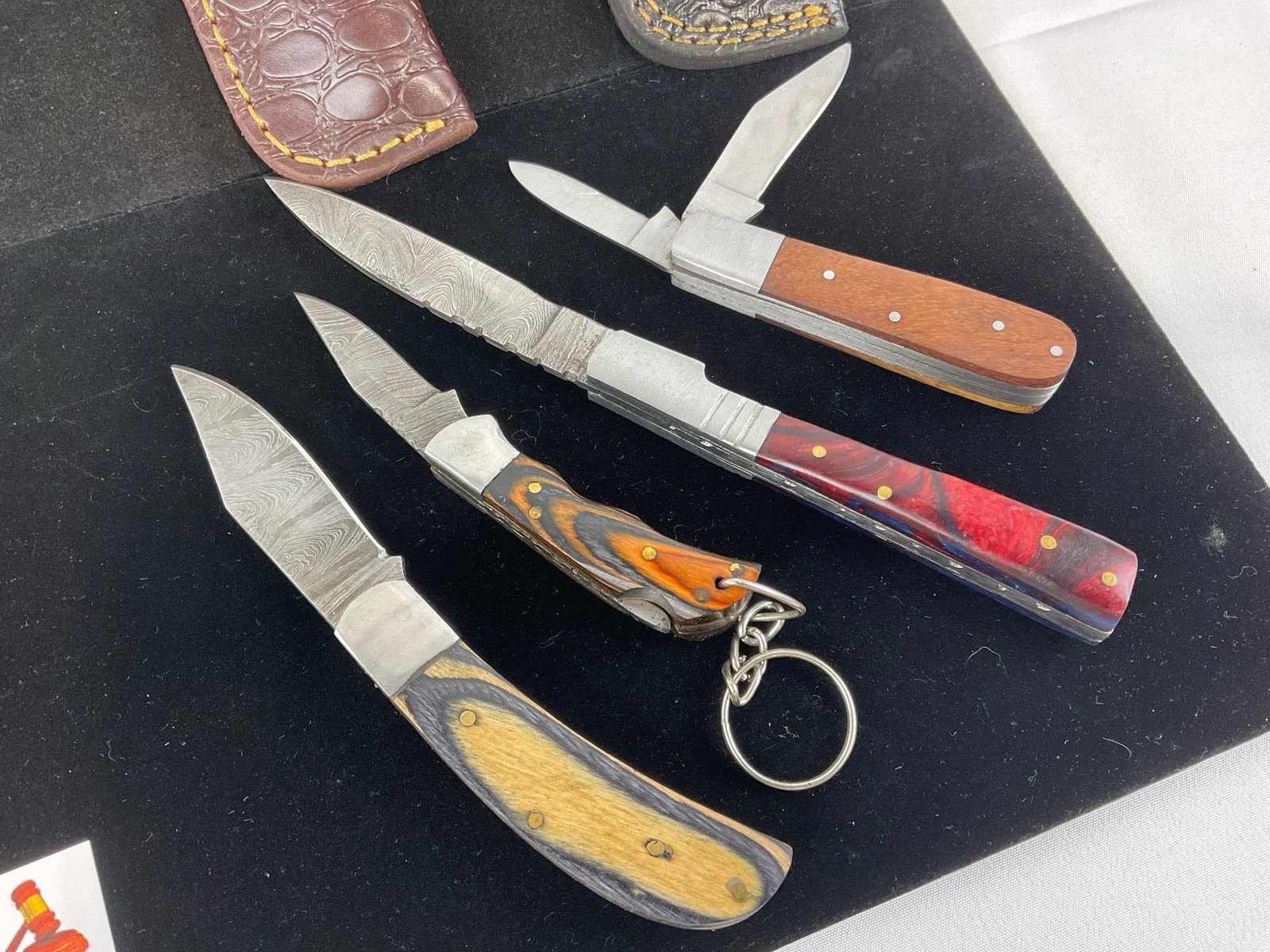 4 Folding Handmade Knives, Custom Handles, Tinted Wood, 3 w/Custom Leather Sheaths - 5