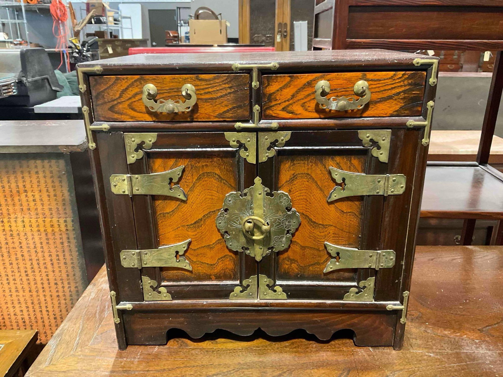 Vintage Asian Style Wood Jewelry Box w/ 2 Drawers, Cupboard & Lovely Brass Details. See pics. (1 of 5)