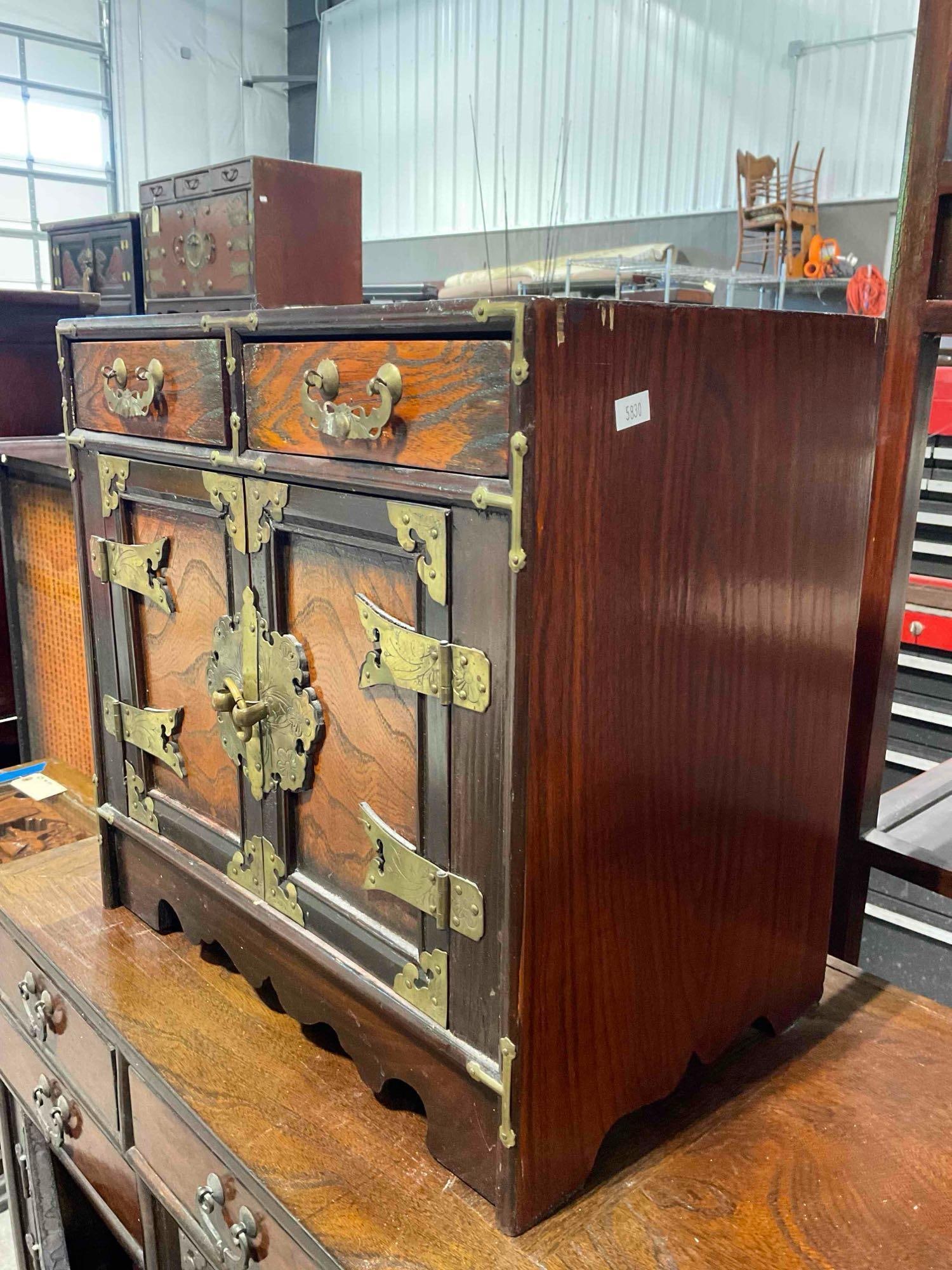 Vintage Asian Style Wood Jewelry Box w/ 2 Drawers, Cupboard & Lovely Brass Details. See pics. - 2
