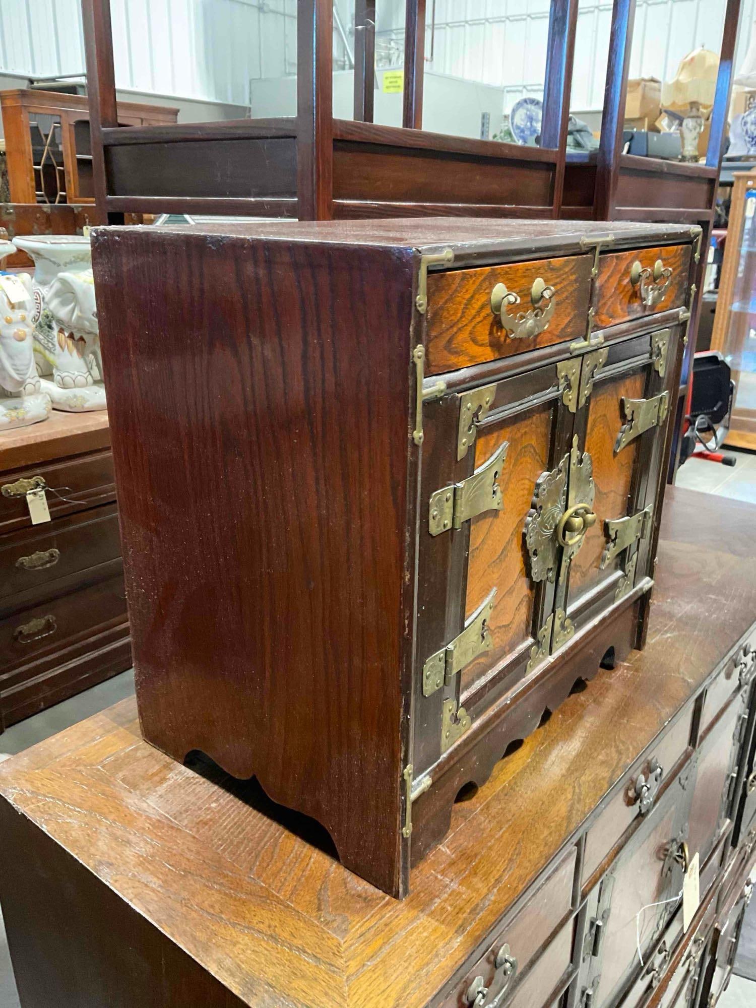 Vintage Asian Style Wood Jewelry Box w/ 2 Drawers, Cupboard & Lovely Brass Details. See pics. - 3