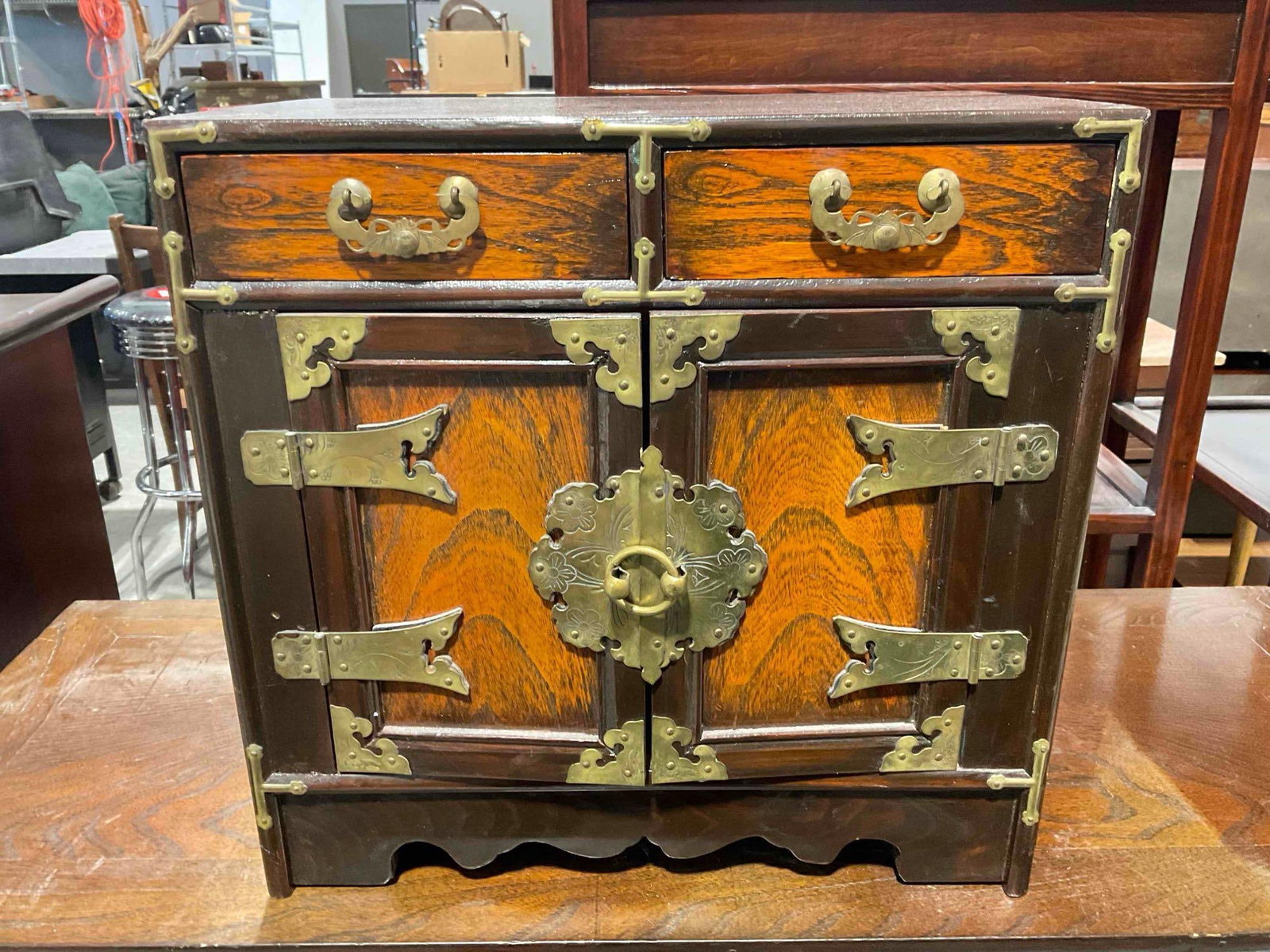 Vintage Asian Style Wood Jewelry Box w/ 2 Drawers, Cupboard & Lovely Brass Details. See pics. (1 of 5)