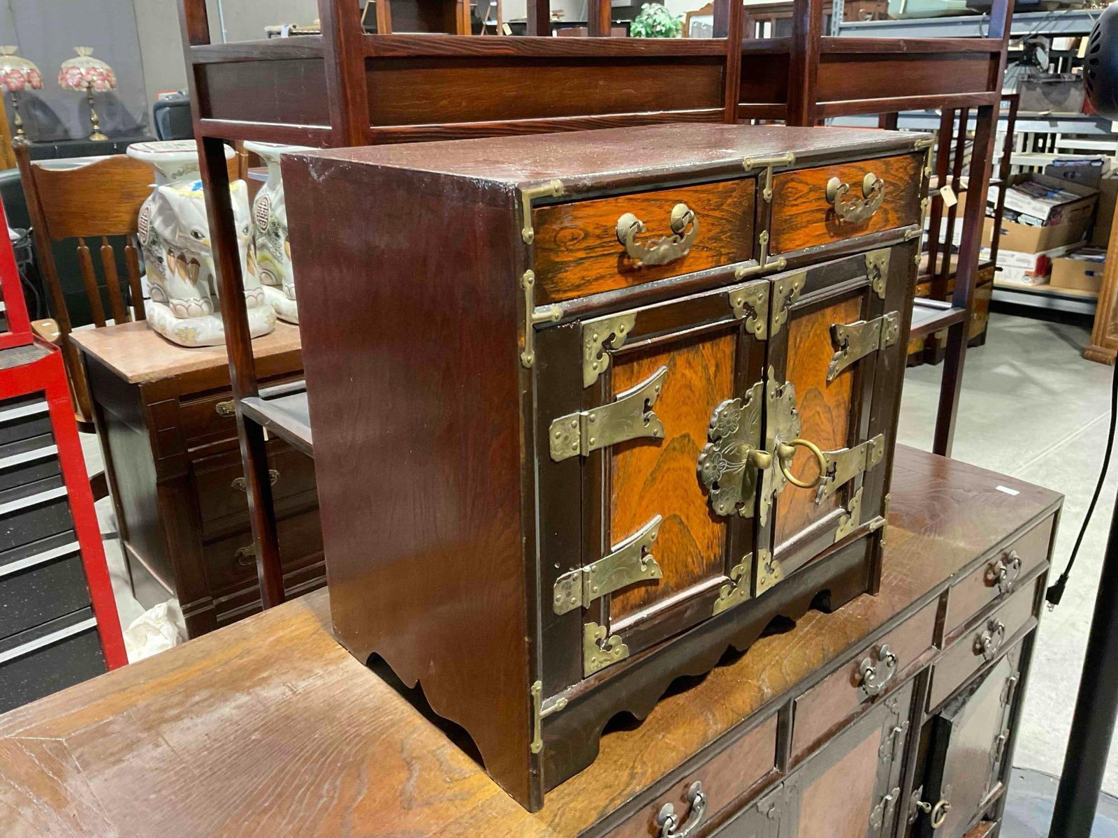 Vintage Asian Style Wood Jewelry Box w/ 2 Drawers, Cupboard & Lovely Brass Details. See pics. - 2