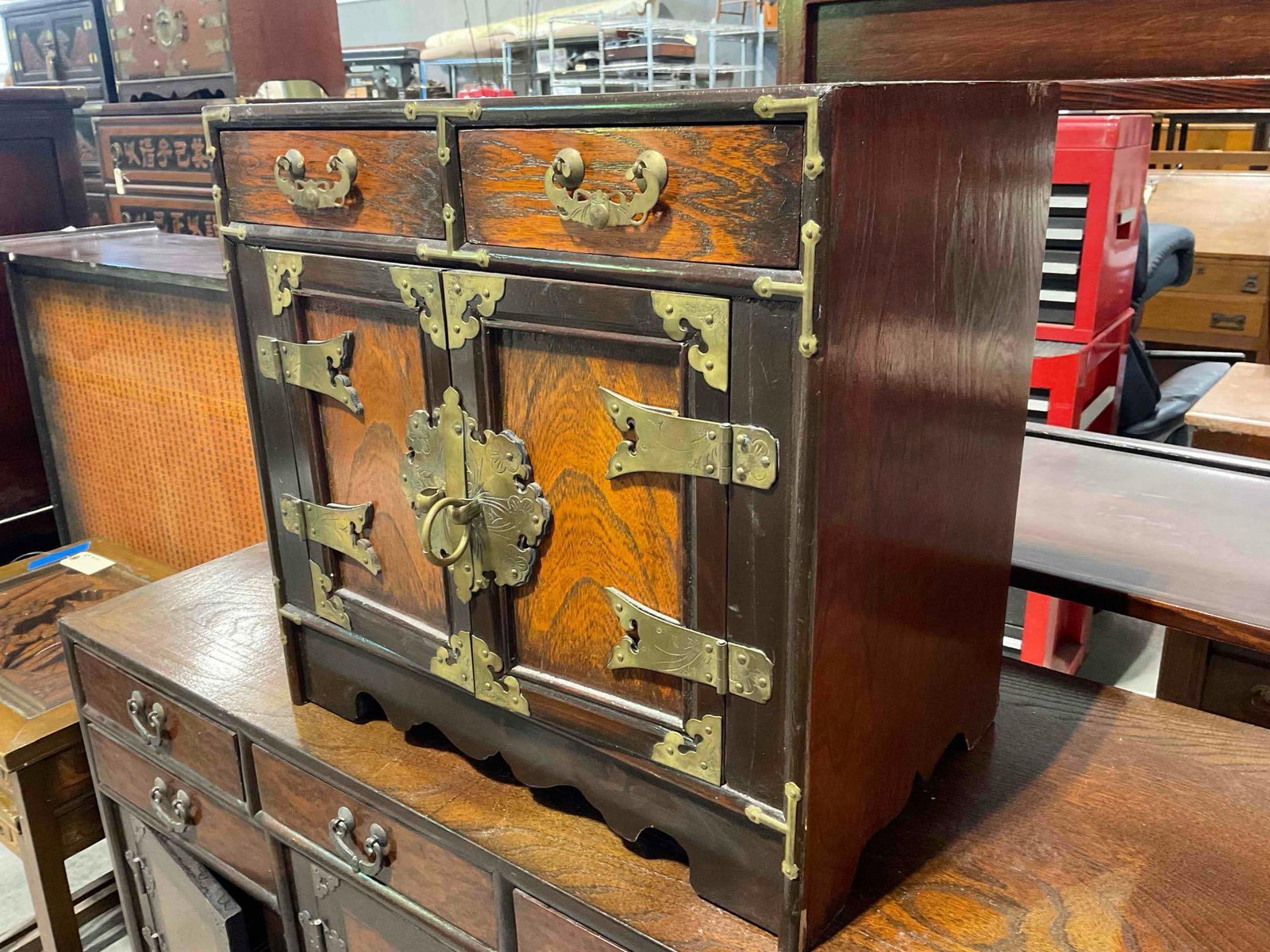 Vintage Asian Style Wood Jewelry Box w/ 2 Drawers, Cupboard & Lovely Brass Details. See pics. - 3