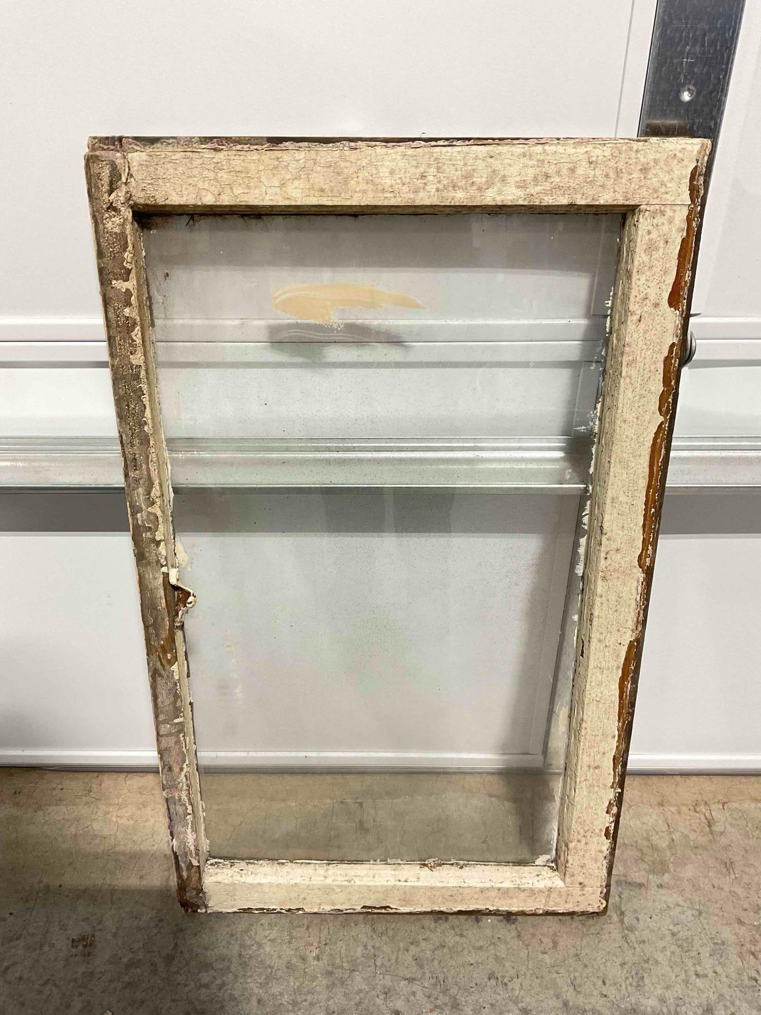Vintage Reclaimed Glass Window Pane in Wood Frame. Measures 19" x 32" x 2" See pics.: Vintage Reclaimed Glass Window Pane in Wood Frame. Measures 19" x 32" x 2" Has wear indicative of age and use, needs a cleaning, otherwise in fair condition. DM-5880 *Freight Required if