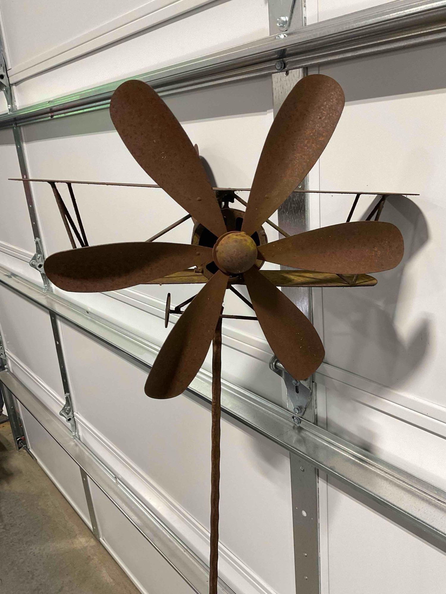 Metal Standing Whirligig w/ Biplane Design & Spinning Propellor Lawn Decoration Yard Art. See pics. - 2