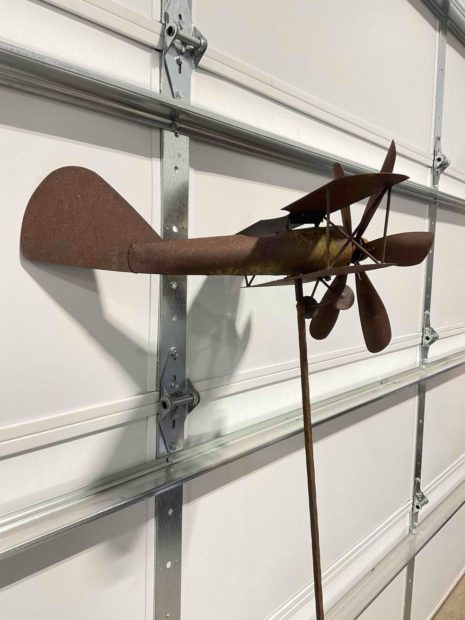 Metal Standing Whirligig w/ Biplane Design & Spinning Propellor Lawn Decoration Yard Art. See pics. - 3