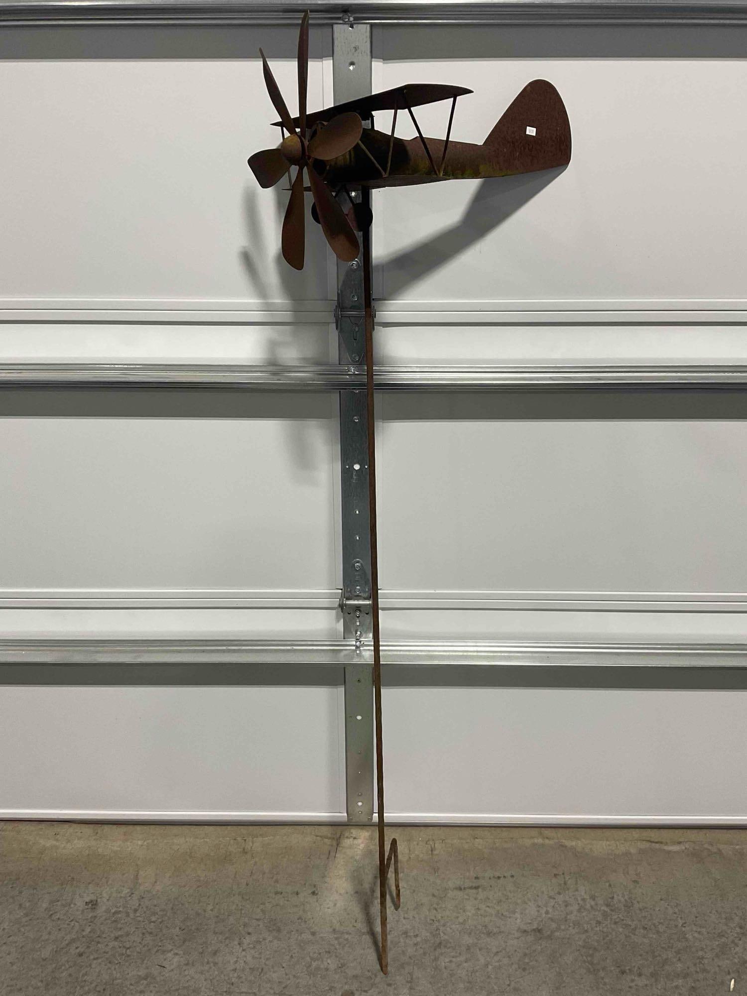 Metal Standing Whirligig w/ Biplane Design & Spinning Propellor Lawn Decoration Yard Art. See pics. - 5