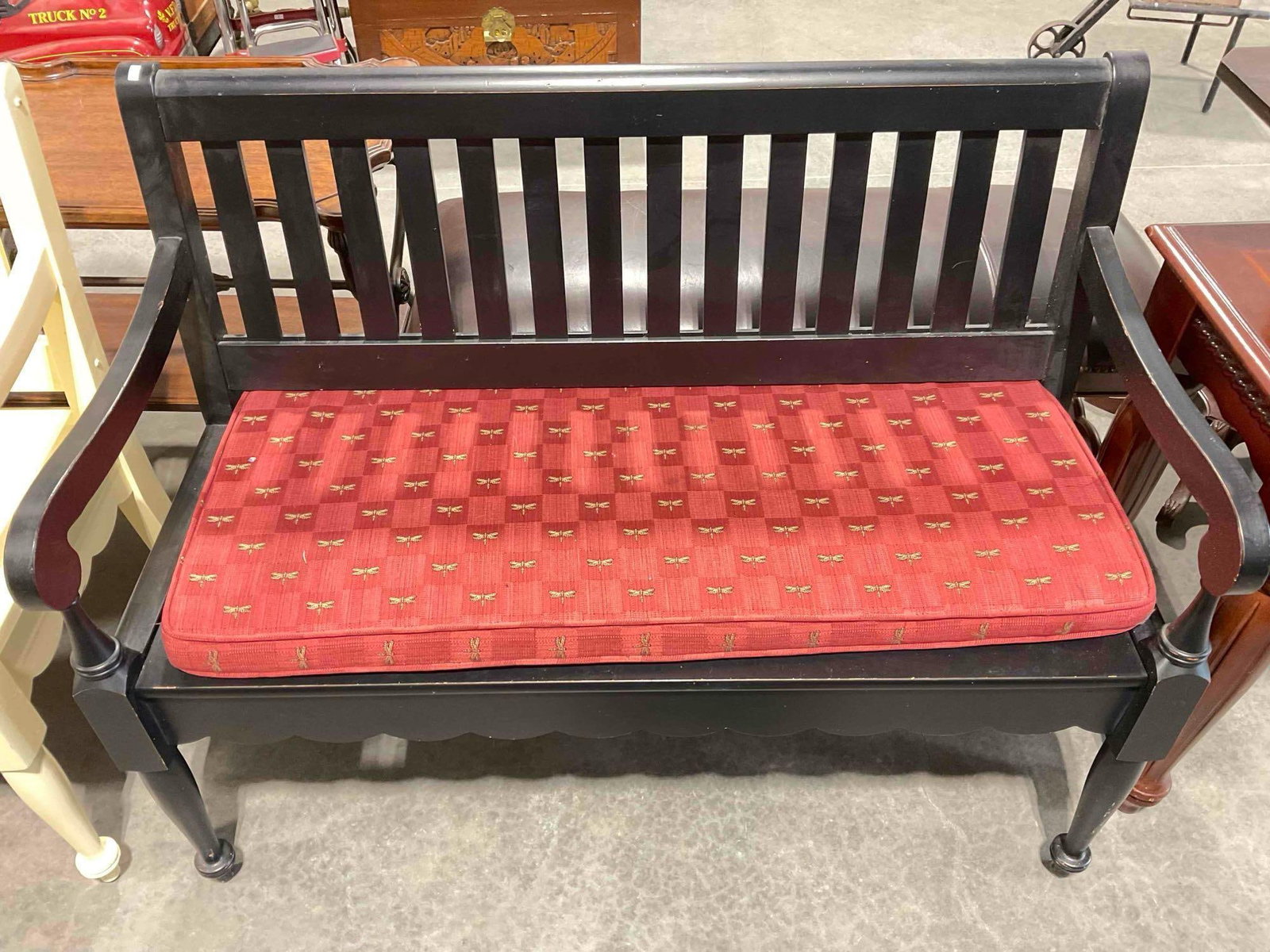 Riverside Furniture Black Painted Wooden 2-Seat Bench w/ Red Seat Cushion. Good Condition.: Riverside Furniture Black Painted Wooden 2-Seat Bench w/ Red Seat Cushion. Good Condition. Minor wear indicative of age and use, condition otherwise looks to be good. Measures 47" x 24" x 36"