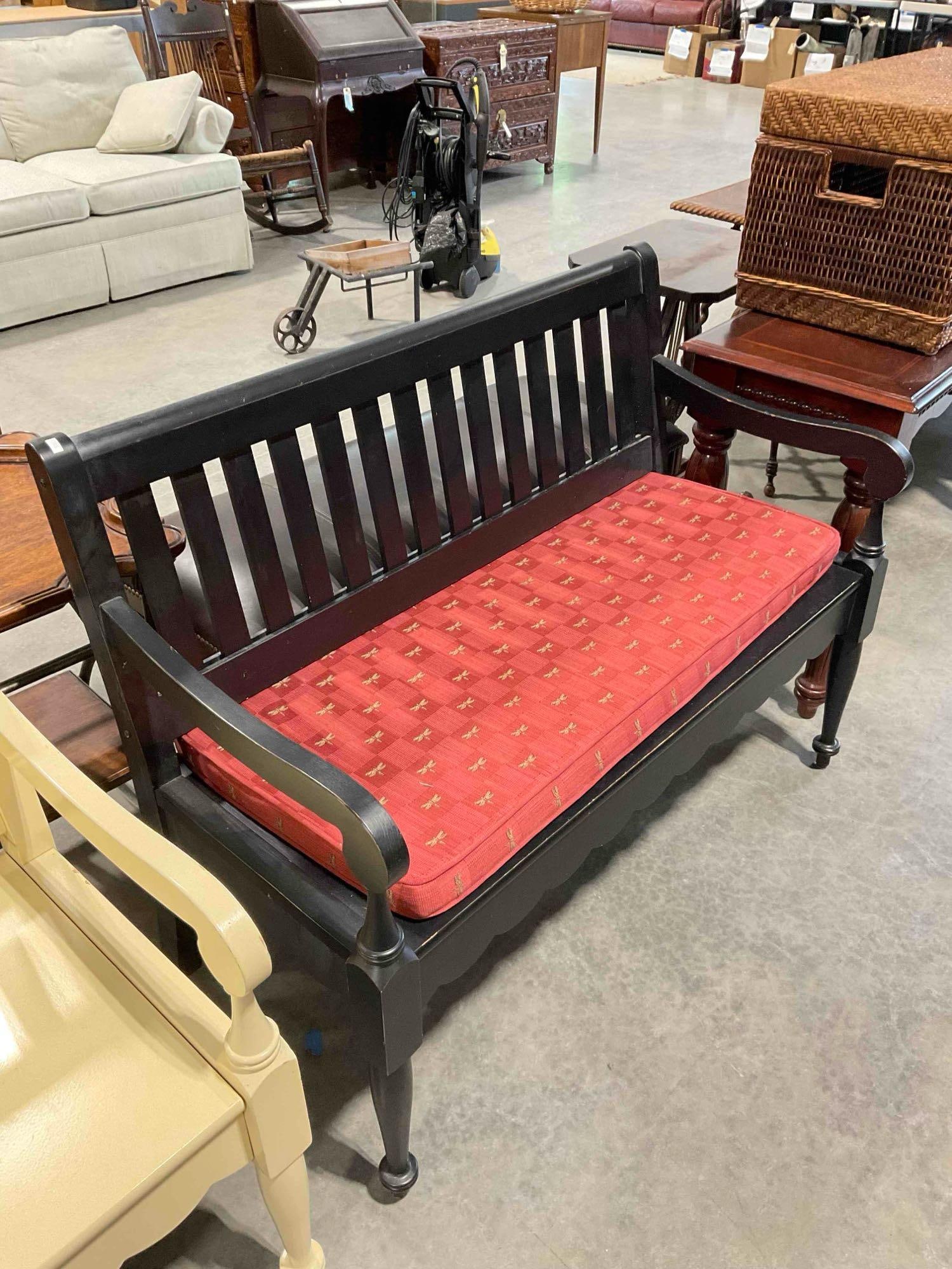 Riverside Furniture Black Painted Wooden 2-Seat Bench w/ Red Seat Cushion. Good Condition. - 3