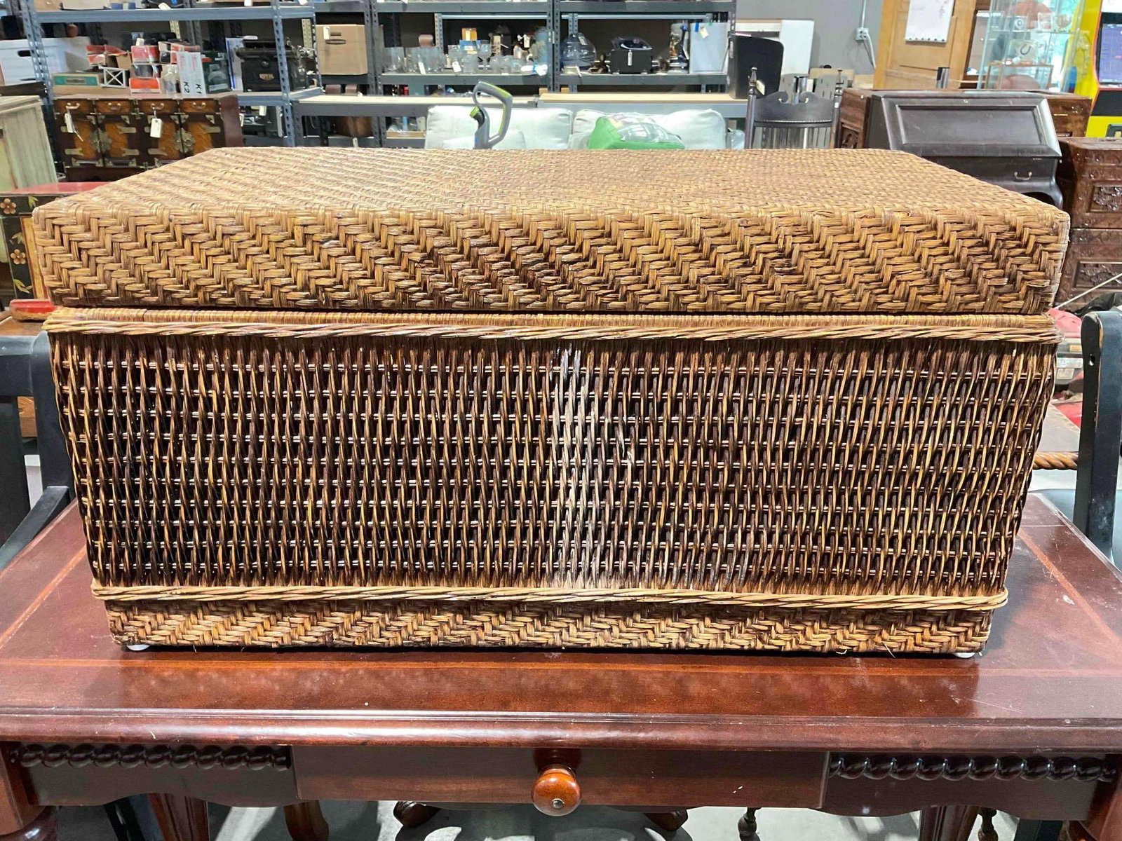 Vintage Woven Wicker Blank Chest Trunk. Fair Condition. See pics.: Vintage Woven Wicker Blank Chest Trunk. Fair Condition. Has a noticeable stain on front, minor wear indicative of age and use, condition otherwise looks to be fair. Measures 31" x 16" x 16"
