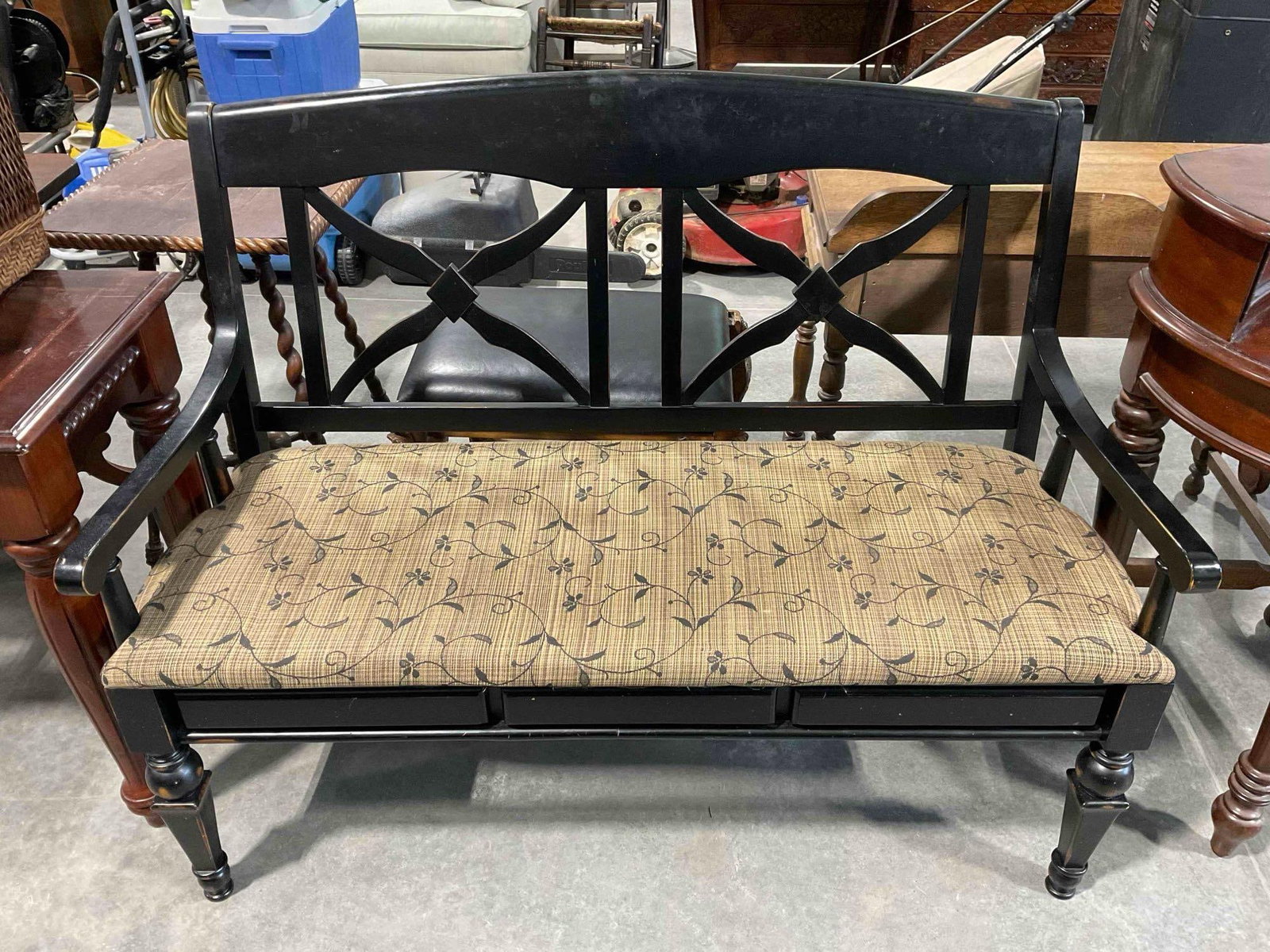 Carven Enterprise Black Painted Wooden 2-Seat Bench w/ Brown Seat Cushion. See pics.: Carven Enterprise Black Painted Wooden 2-Seat Bench w/ Brown Seat Cushion. Minor wear indicative of age and wear, condition otherwise looks to be good. Measures 50" x 22" x 38" DM-5860 *Freight