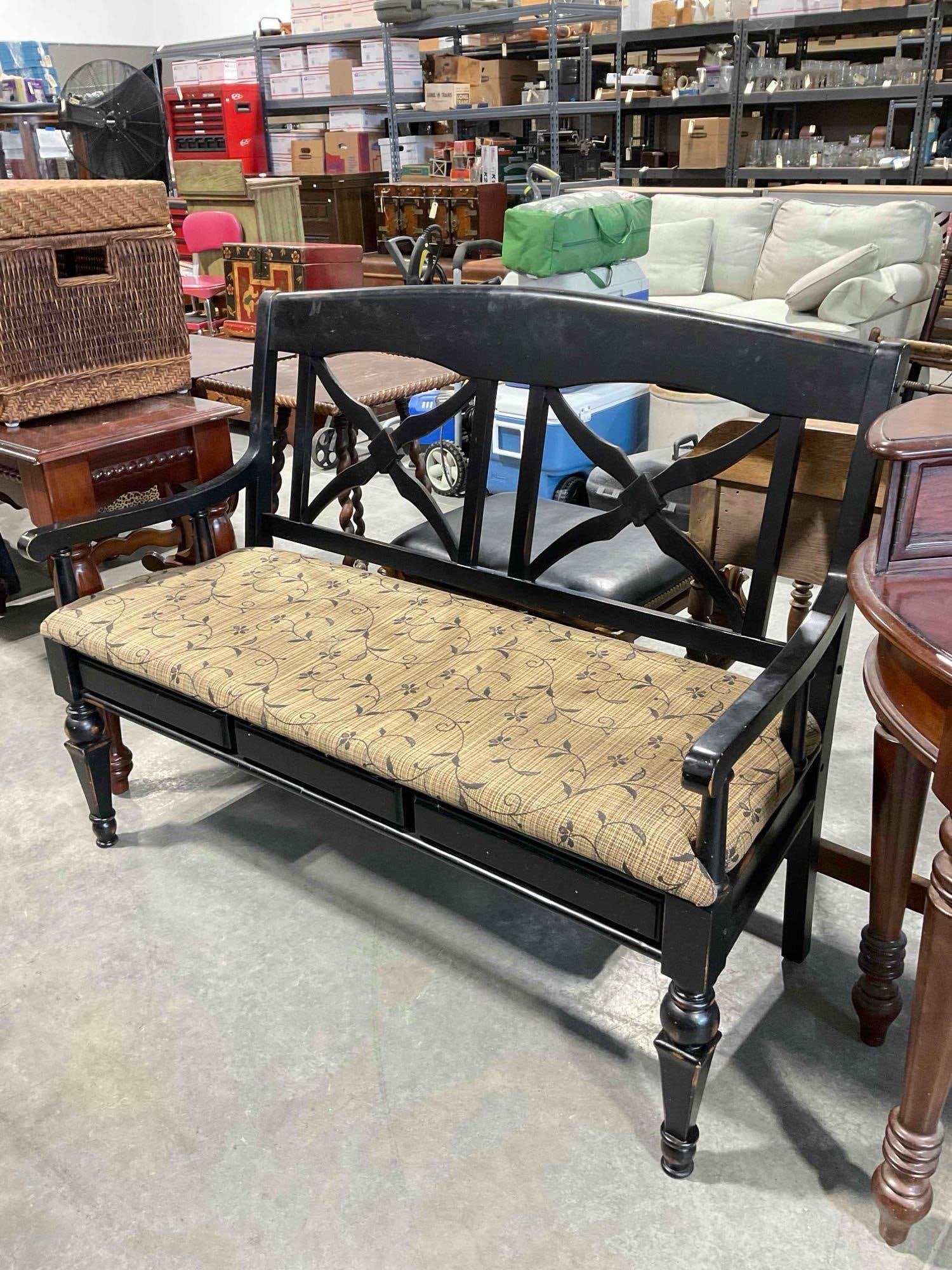 Carven Enterprise Black Painted Wooden 2-Seat Bench w/ Brown Seat Cushion. See pics. - 3