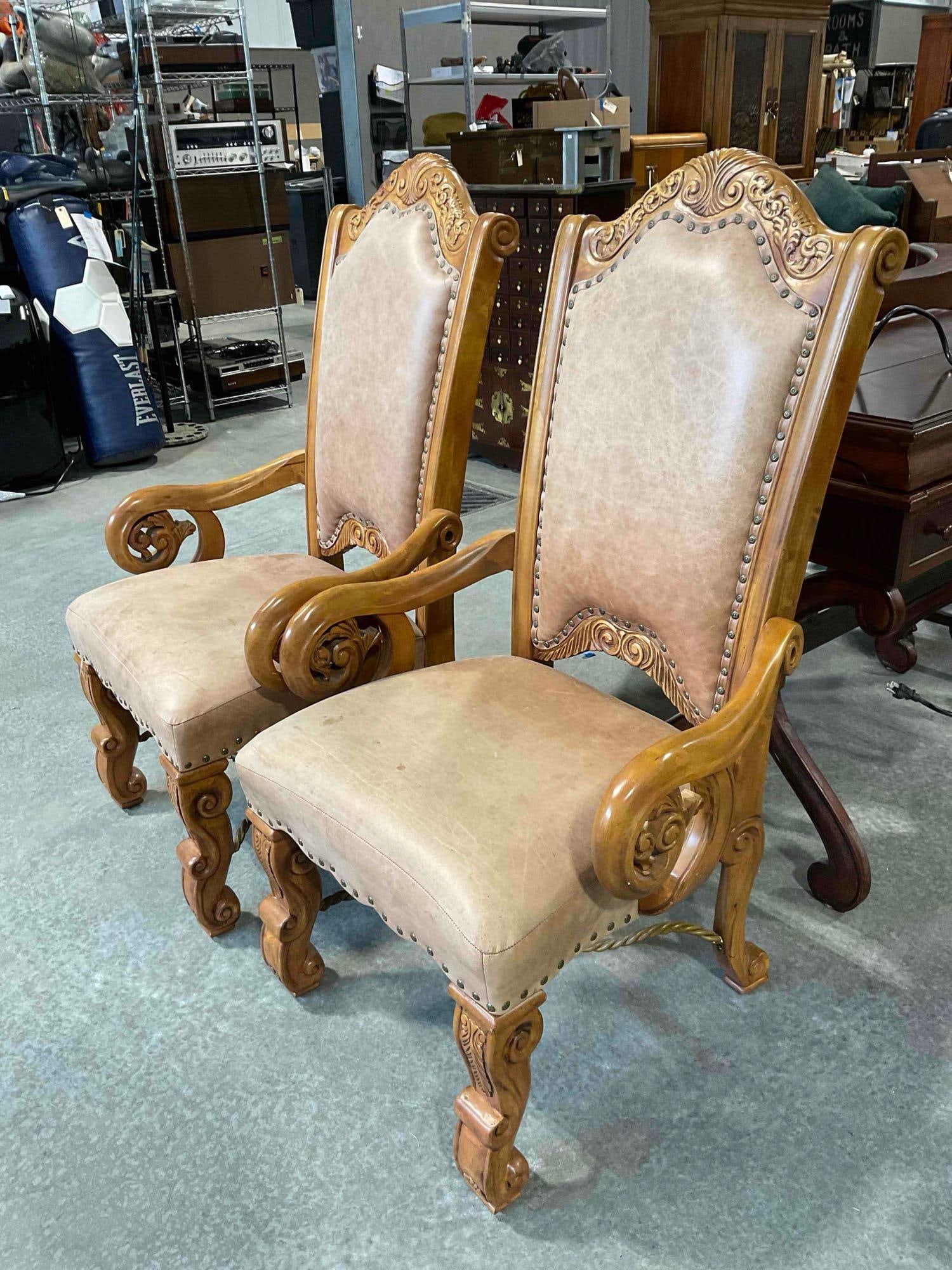 Pair of AICO Oak Wood Finish Arm Chairs w/ Bulleted Tan Leather Upholstery. See pics. - 2