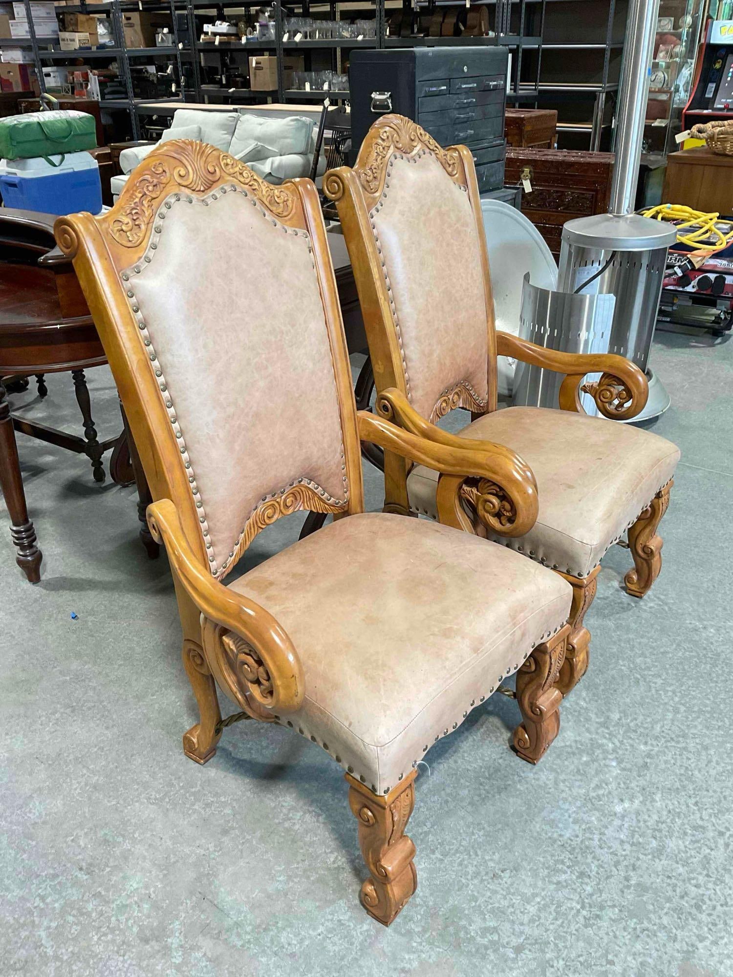 Pair of AICO Oak Wood Finish Arm Chairs w/ Bulleted Tan Leather Upholstery. See pics. - 3