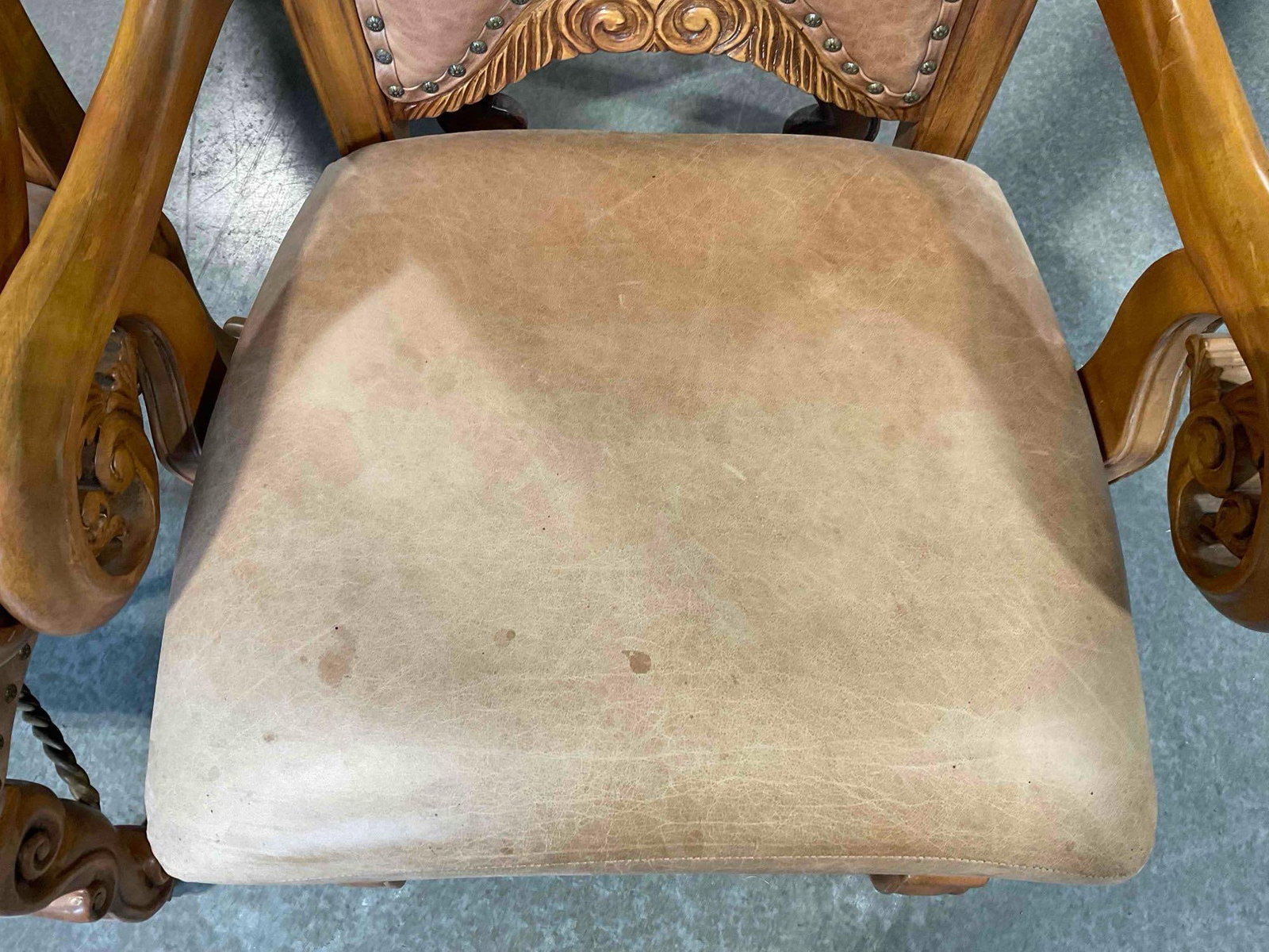 Pair of AICO Oak Wood Finish Arm Chairs w/ Bulleted Tan Leather Upholstery. See pics. - 4