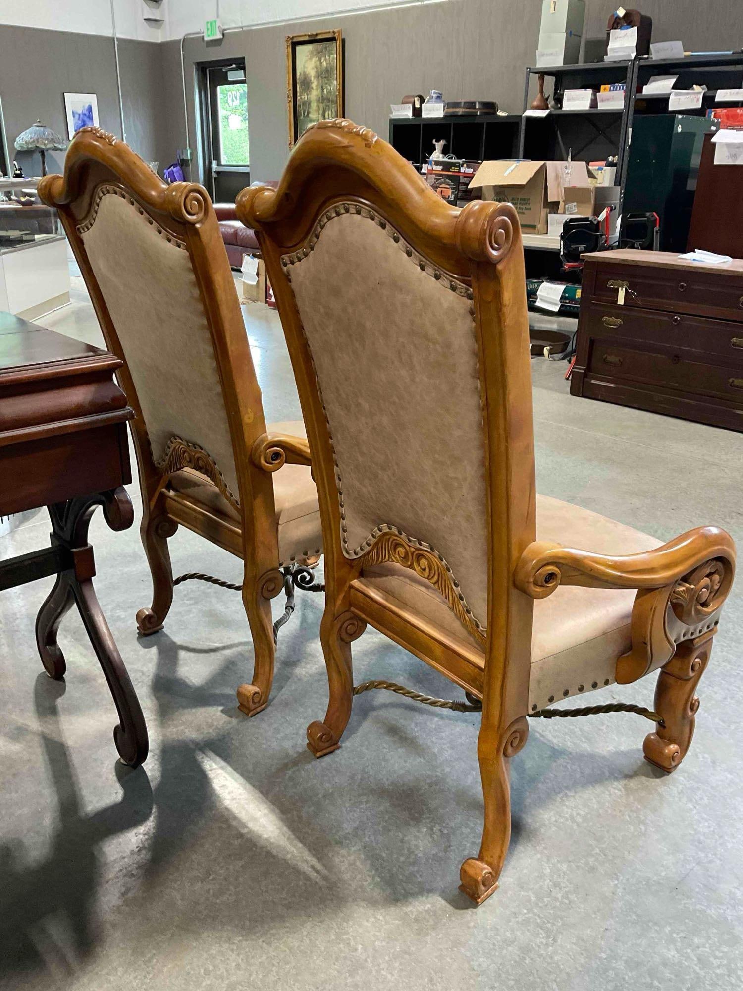 Pair of AICO Oak Wood Finish Arm Chairs w/ Bulleted Tan Leather Upholstery. See pics. - 6