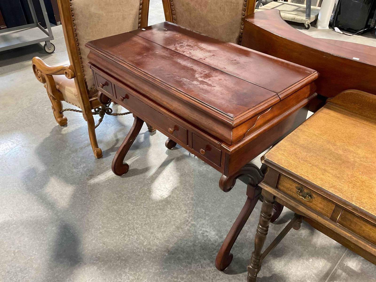 Antique Style Mahogany Wood Finish Writing Desk w/ 3 Drawers & Fold Out Writing Surface. See pics. - 2