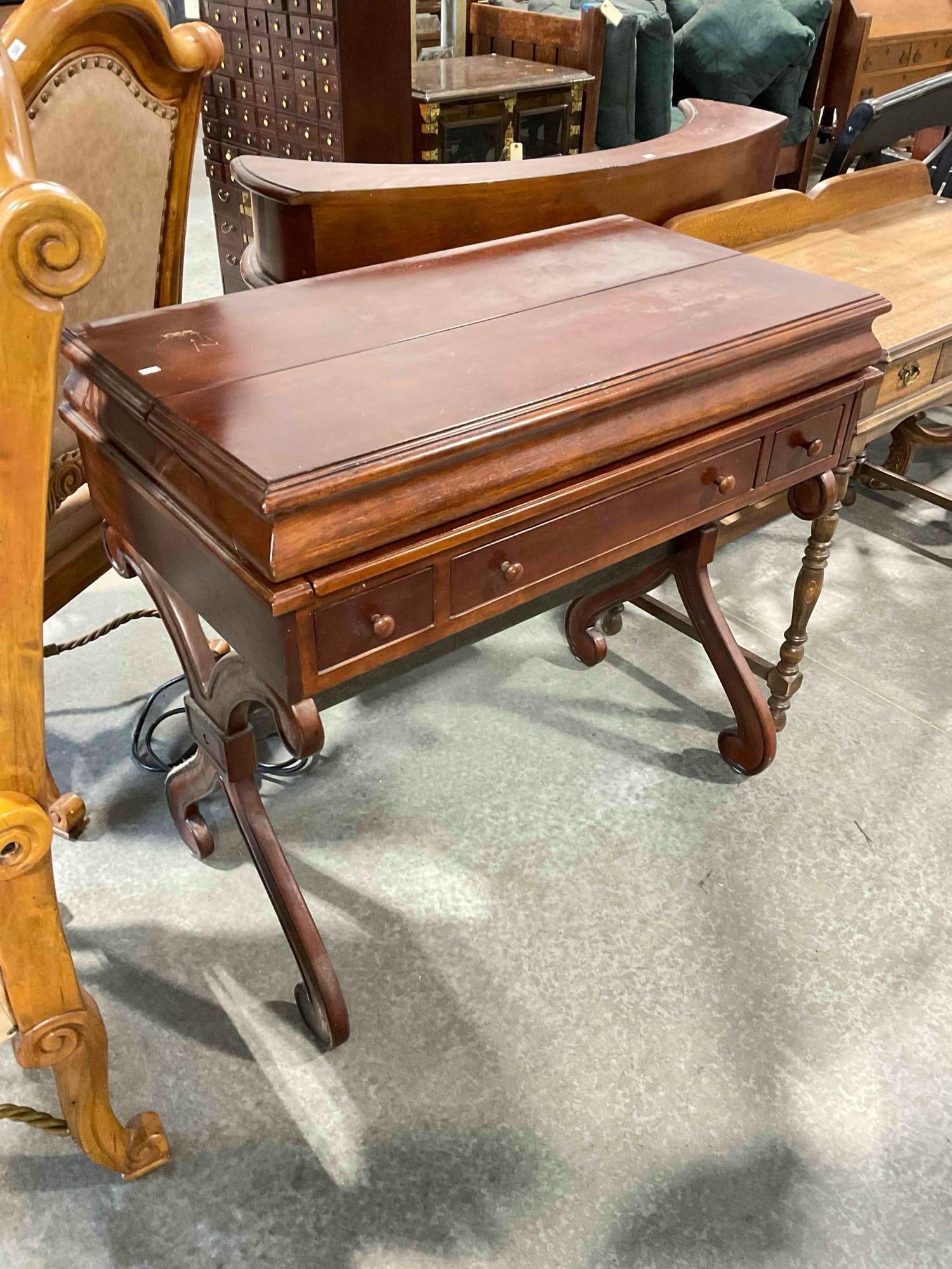 Antique Style Mahogany Wood Finish Writing Desk w/ 3 Drawers & Fold Out Writing Surface. See pics. - 3