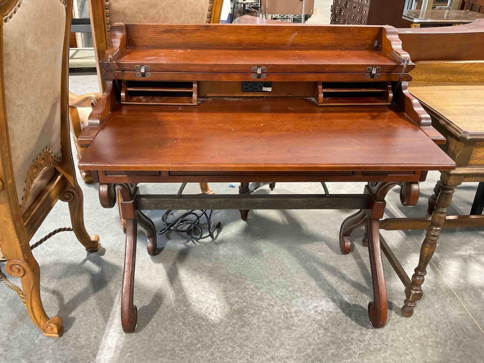 Antique Style Mahogany Wood Finish Writing Desk w/ 3 Drawers & Fold Out Writing Surface. See pics. - 4