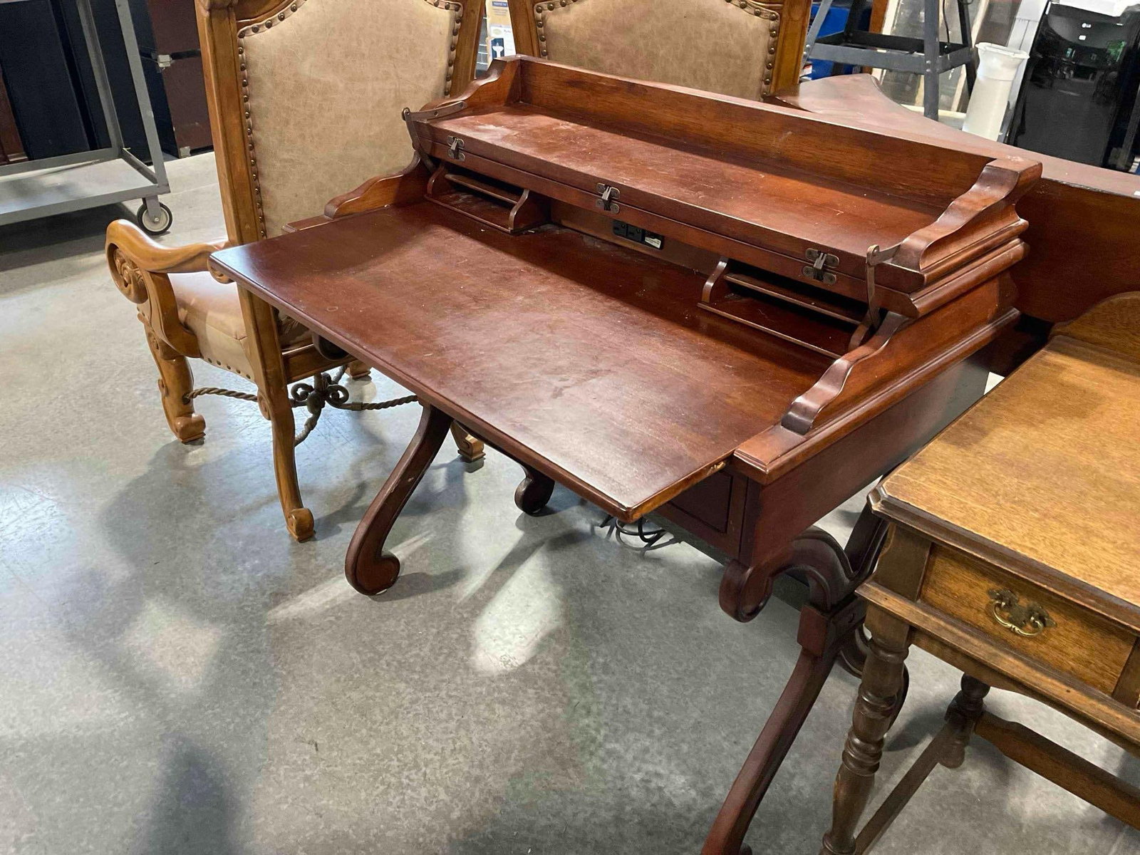 Antique Style Mahogany Wood Finish Writing Desk w/ 3 Drawers & Fold Out Writing Surface. See pics. - 5