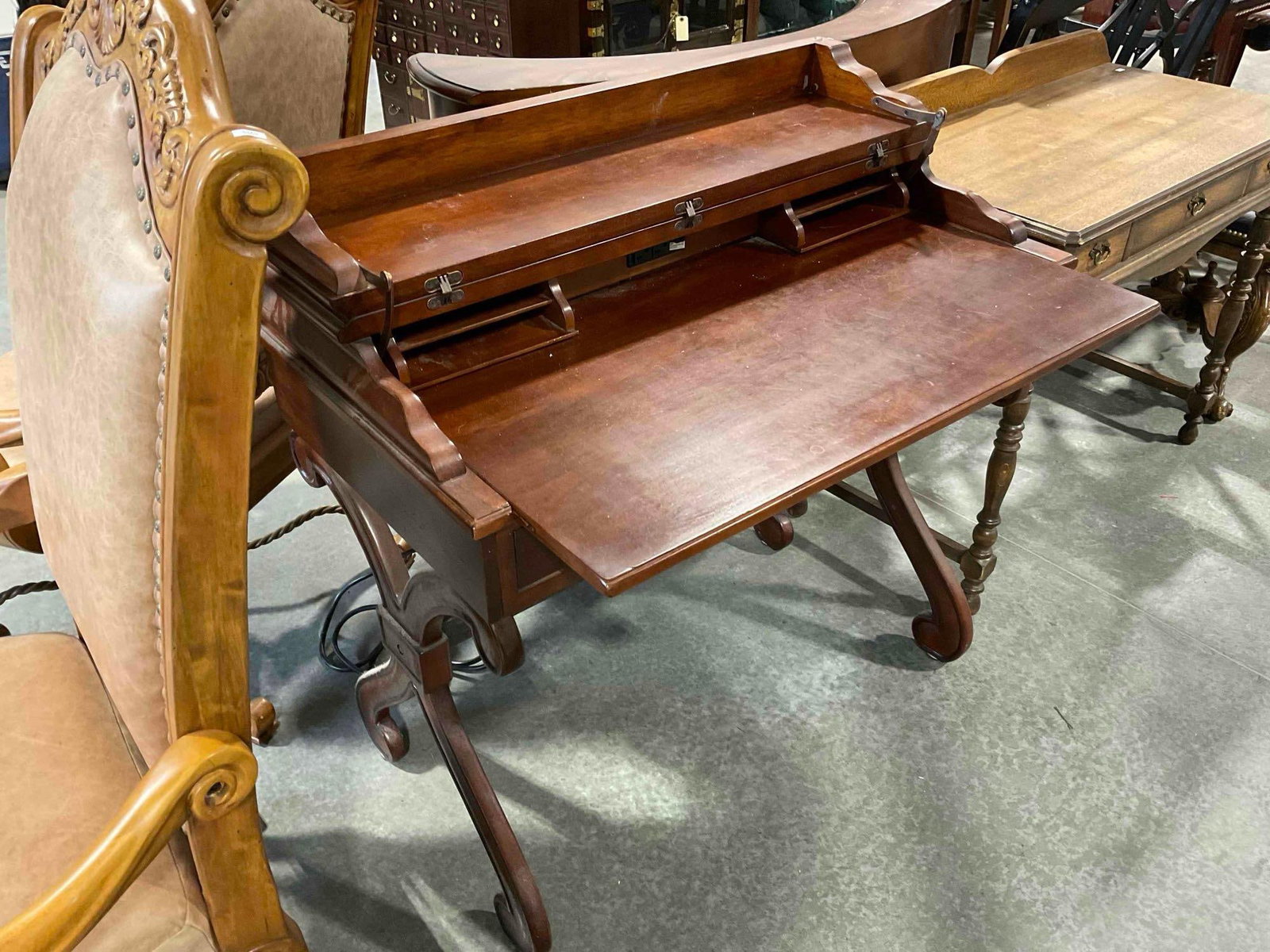 Antique Style Mahogany Wood Finish Writing Desk w/ 3 Drawers & Fold Out Writing Surface. See pics. - 6