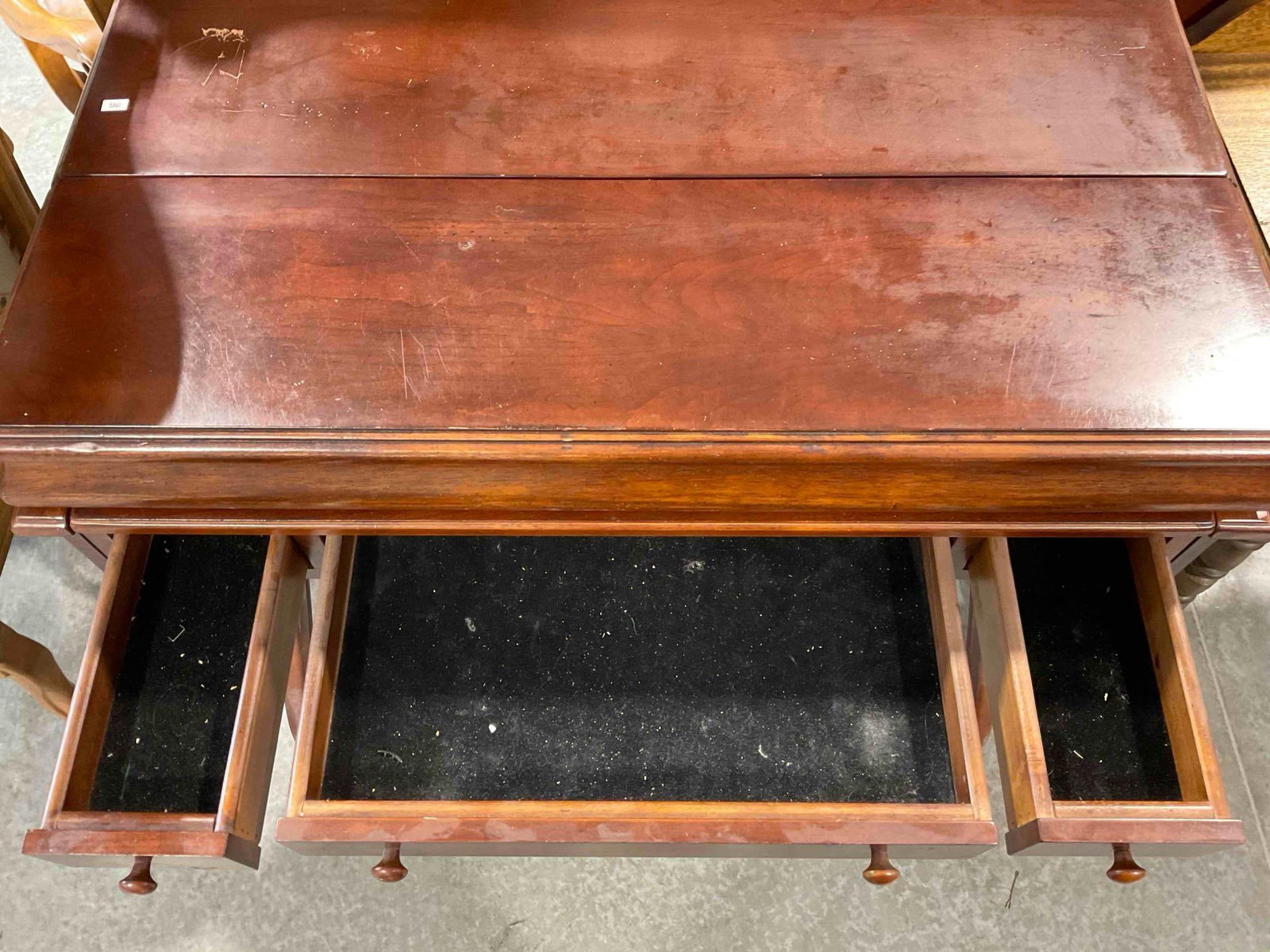 Antique Style Mahogany Wood Finish Writing Desk w/ 3 Drawers & Fold Out Writing Surface. See pics. - 7