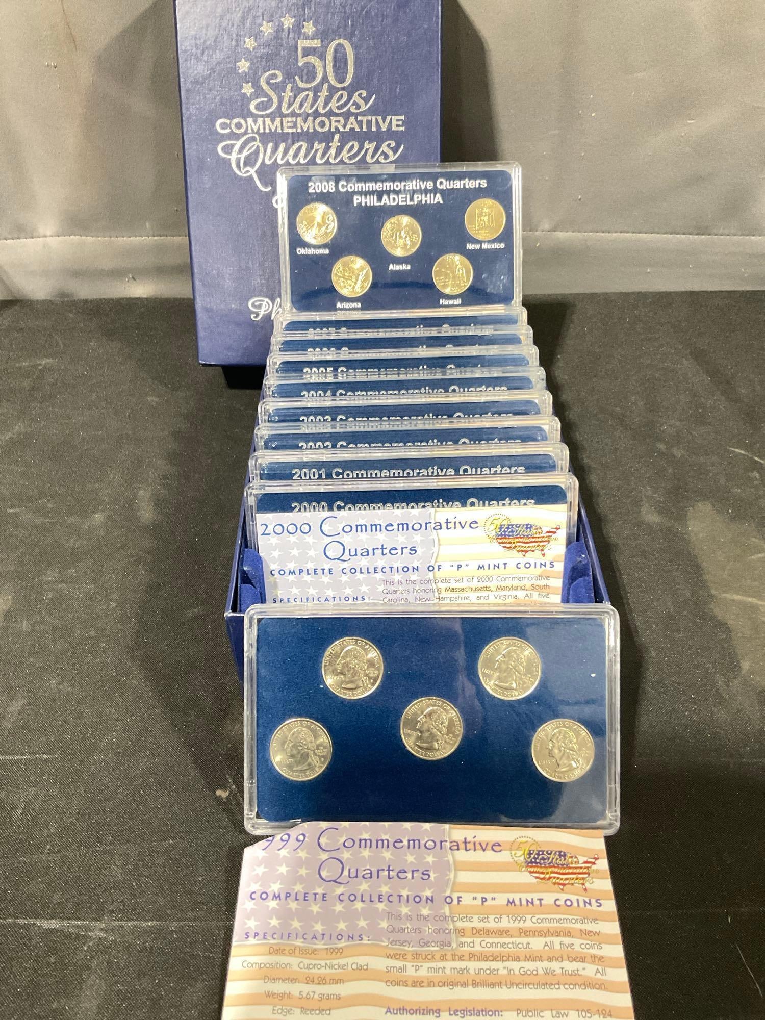 Complete Set of 50 State Commemoravitve Quarters 1999-2008 P-mark All slabbed BU UNC in OG box: C-5880 Nice collection of coins, see pics, all comes with COA /info cards Box is 9.5 x 6 x 3.5"