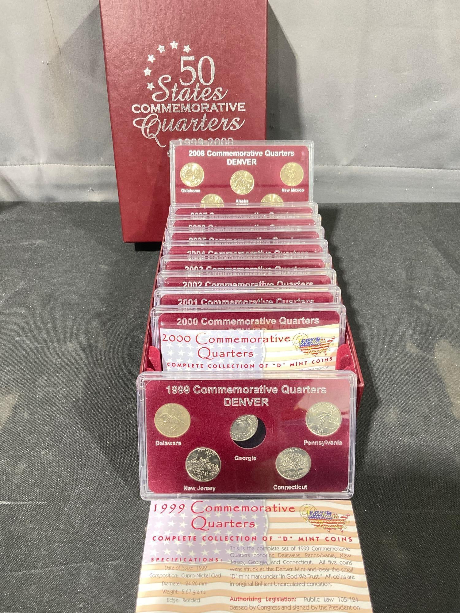 Complete Set of 50 State Commemoravitve Quarters 1999-2008 D-mark All slabbed BU UNC in OG box: C-5880 Nice collection of coins, see pics, all comes with COA /info cards Box is 9.5 x 6 x 3.5"