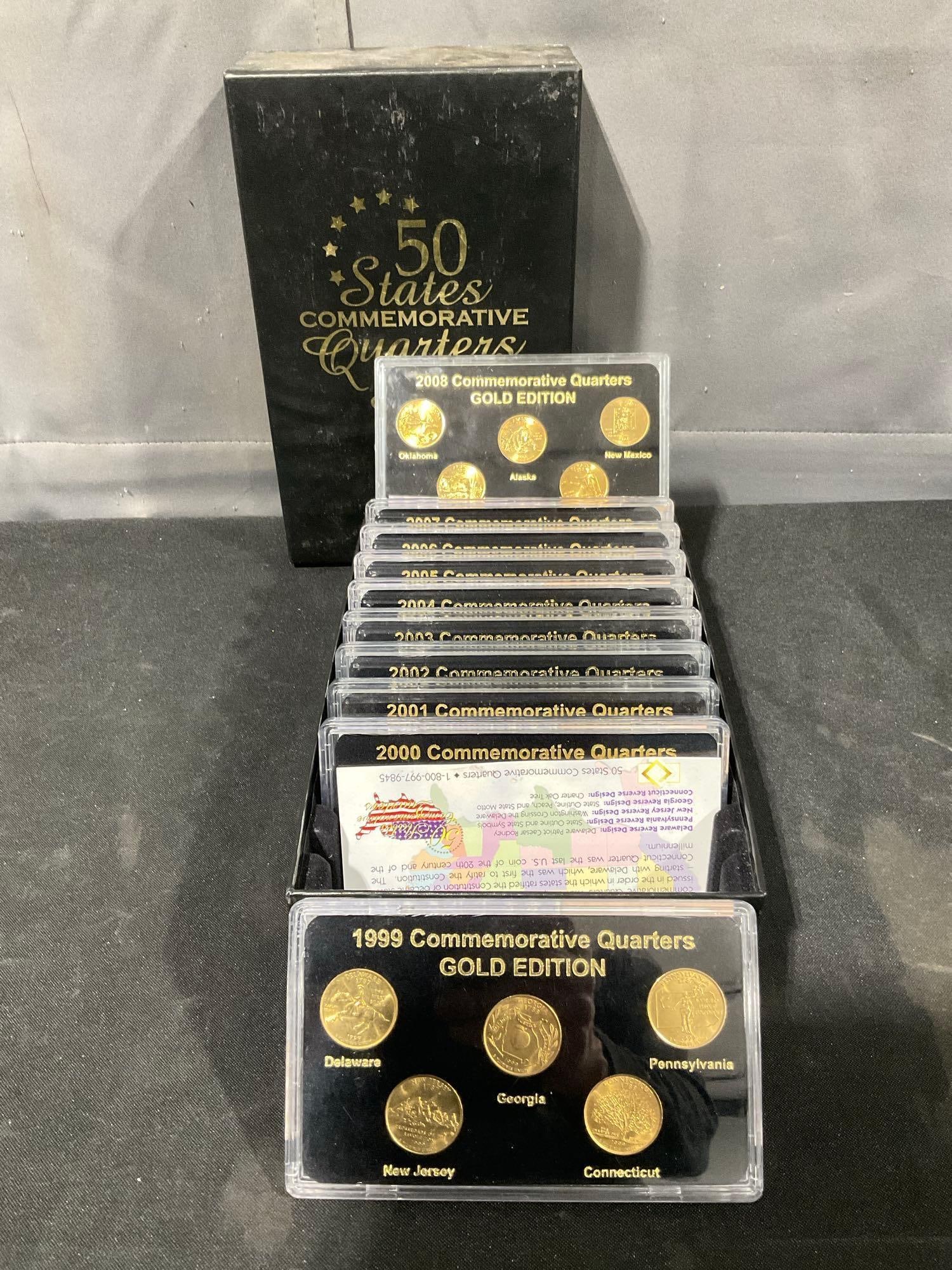 Boxed Set of 50 State Commemoravitve Quarters 1999-2008 Gold Edition P&D All slabbed BU UNC OG box: C-5880 Gold Plated Set is a little musty smelling, has been in storage All coins are slabbed and come With COA / info card Box is 9.5 x 6 x 3.5" 
