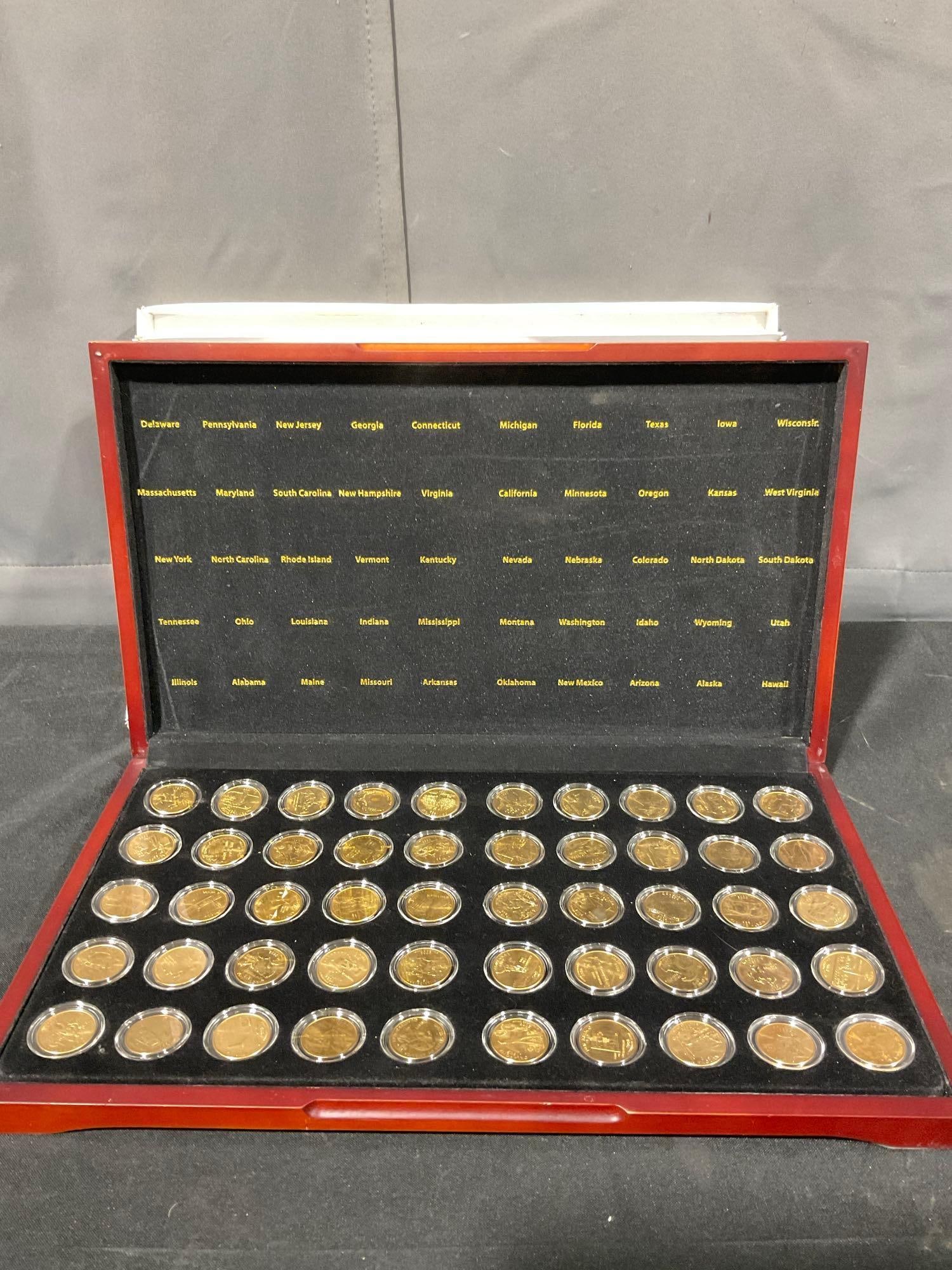 Set of 50 State Commemorative Quarters 1999-2008 Gold Edition P-Mint in flips w cherry wood Case: C-5880 Gold Plated Edition Nice collection of coins, seem to be UNC in handsome felt lined Cherry wood Display case see pics 16x 9x 1 3/4" case