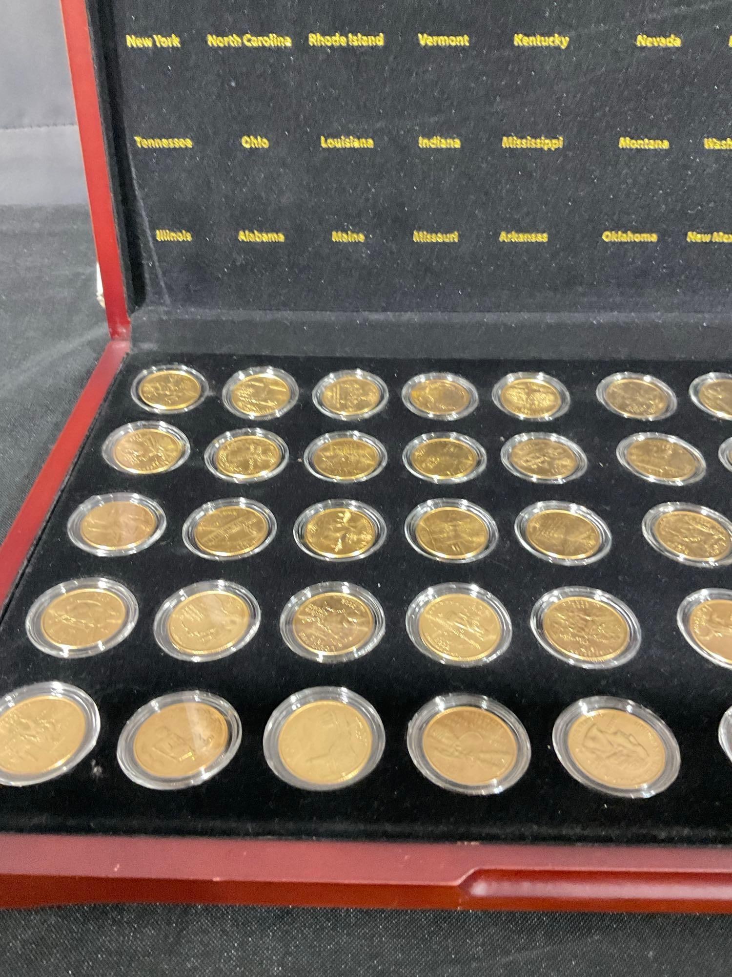 Set of 50 State Commemorative Quarters 1999-2008 Gold Edition P-Mint in flips w cherry wood Case - 2