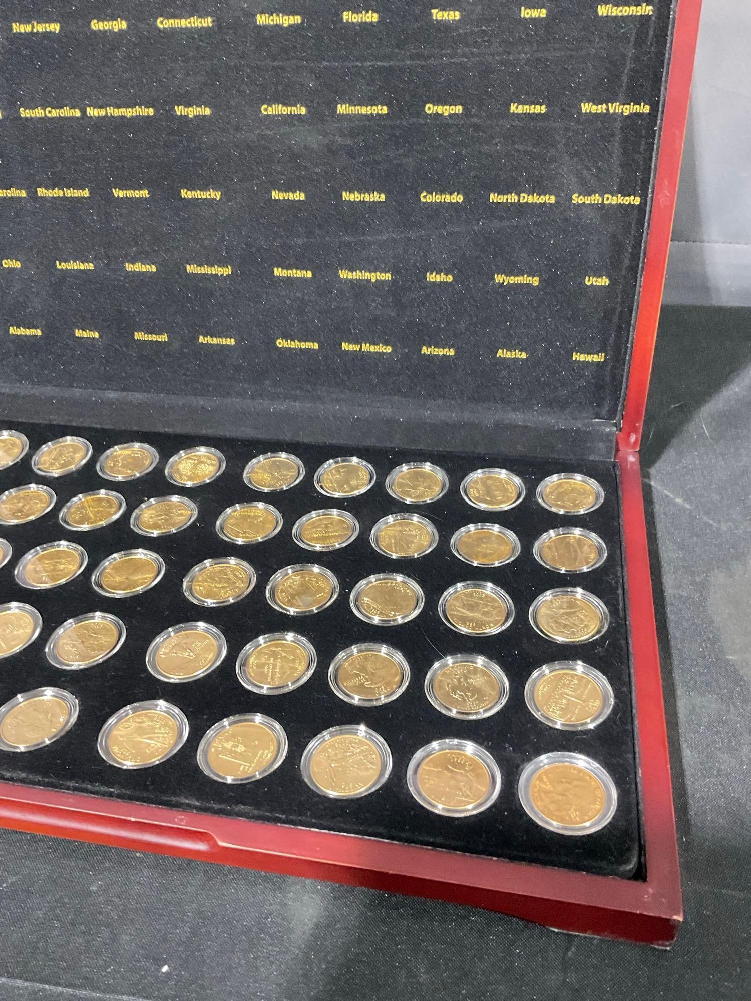 Set of 50 State Commemorative Quarters 1999-2008 Gold Edition P-Mint in flips w cherry wood Case - 3