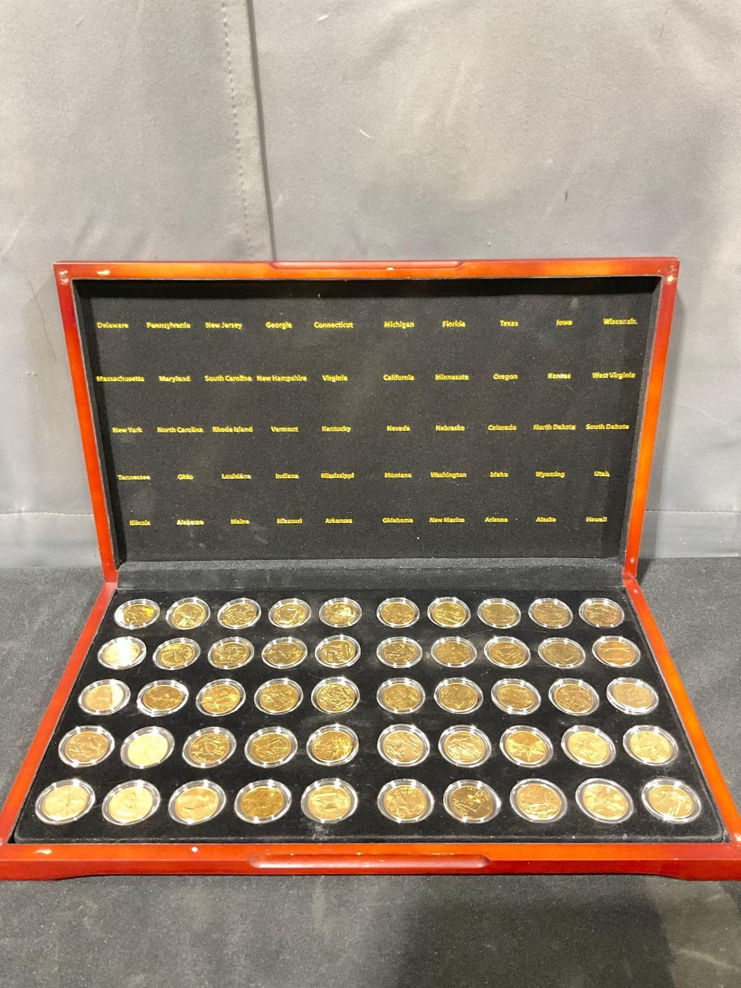 Set of 50 State Commemoravitve Quarters 1999-2008 Gold Edition D-Mint in flips w cherry wood Case: C-5880 Gold Plated Edition Nice collection of coins, seem to be UNC in handsome felt lined Cherry wood Display case see pics 16x 9x 1 3/4" case 